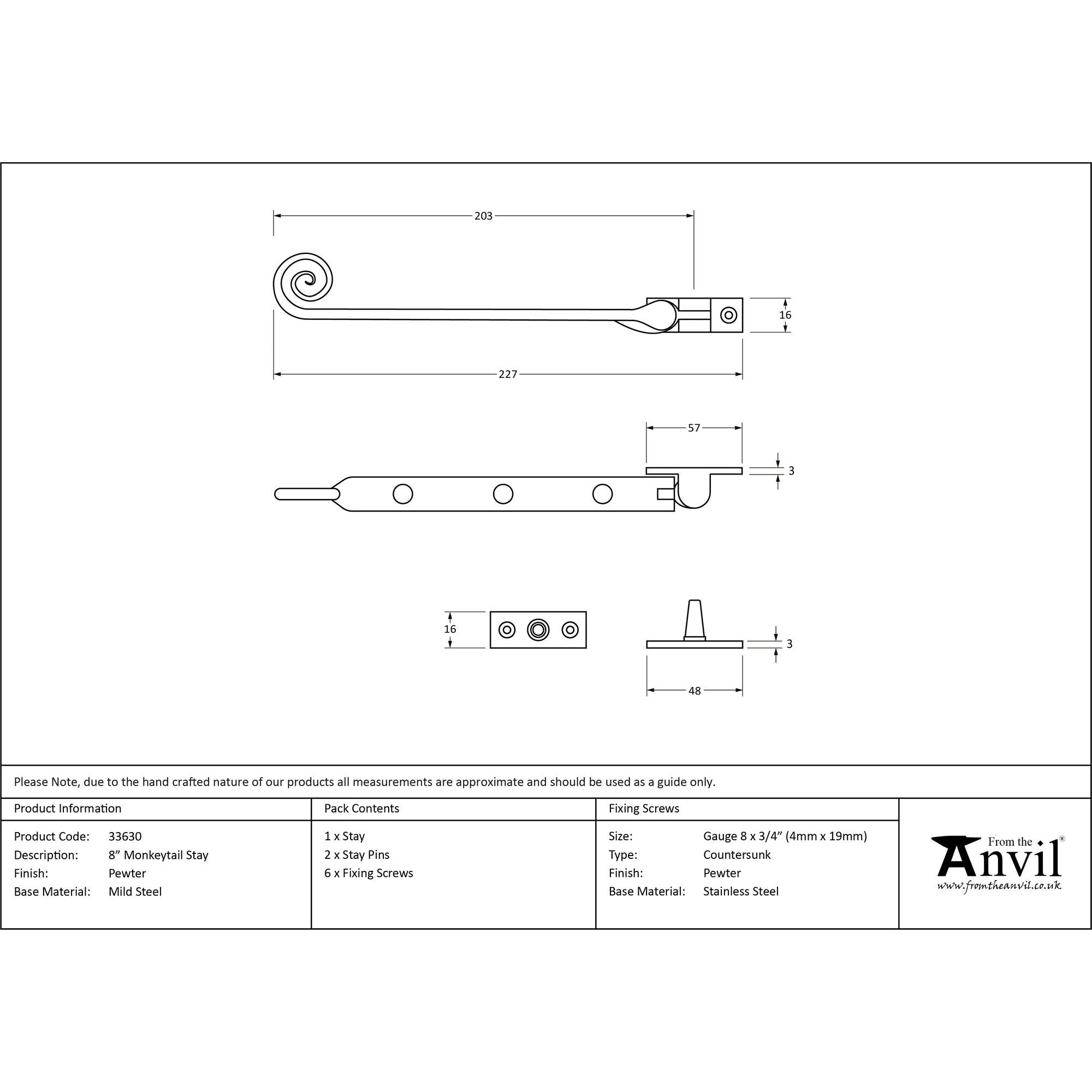 Pewter 8" Monkeytail Stay | From The Anvil - Stays - From The Anvil - Yester Home