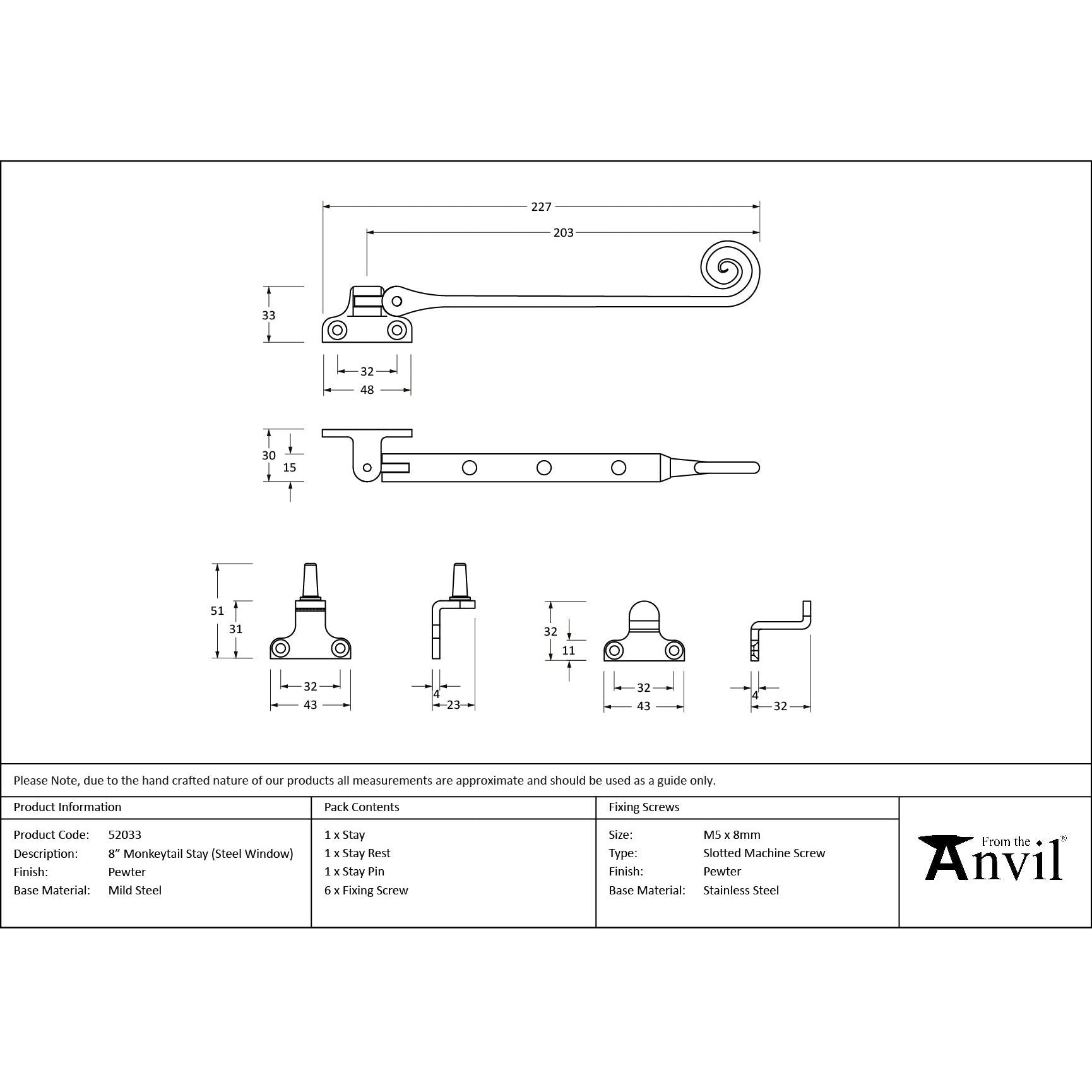 Pewter 8" Monkeytail Stay (Steel Window) - Stays - From The Anvil - Yester Home