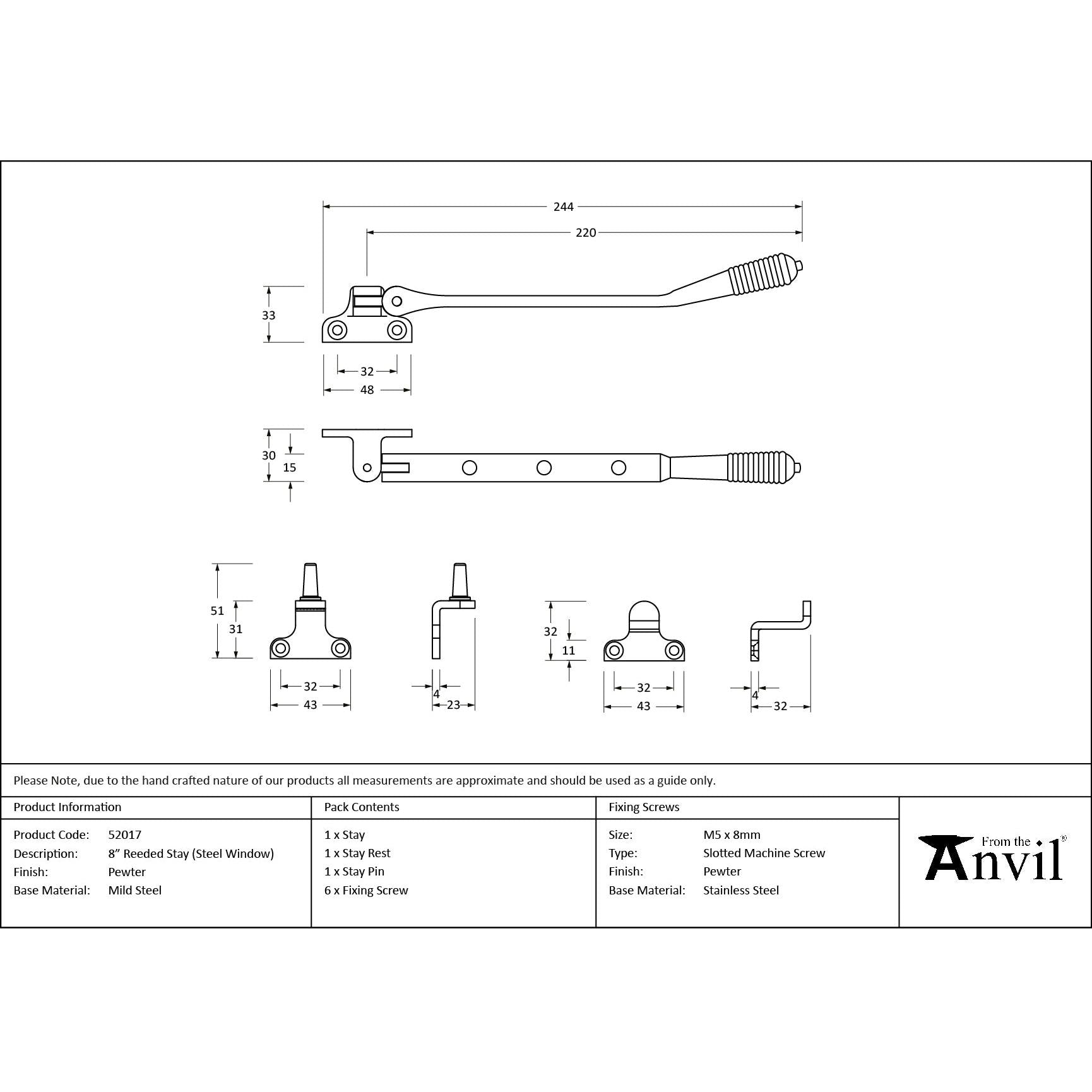 Pewter 8" Reeded Stay (Steel Window) - Stays - From The Anvil - Yester Home
