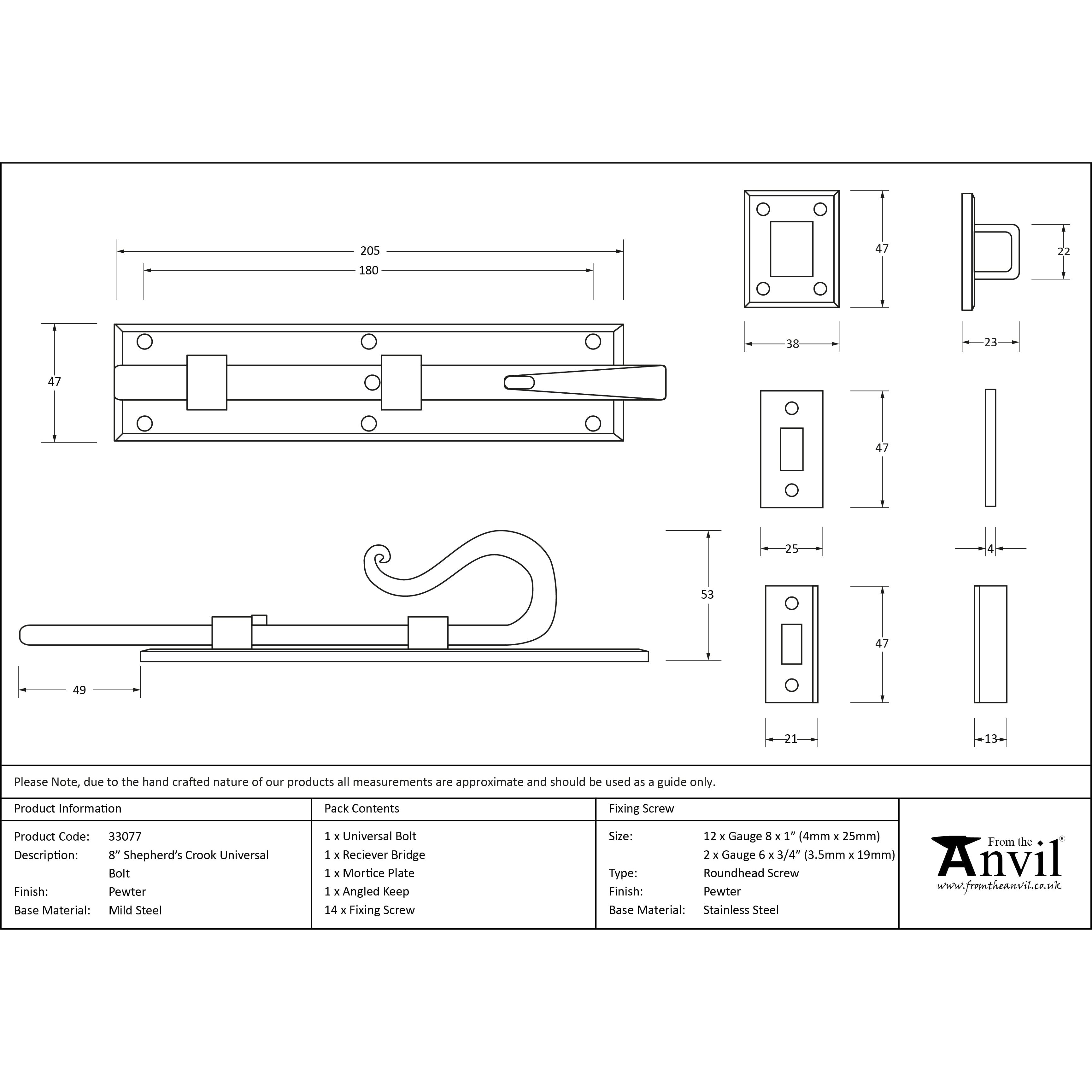 Pewter 8" Shepherd's Crook Universal Bolt | From The Anvil-Bolts-Yester Home
