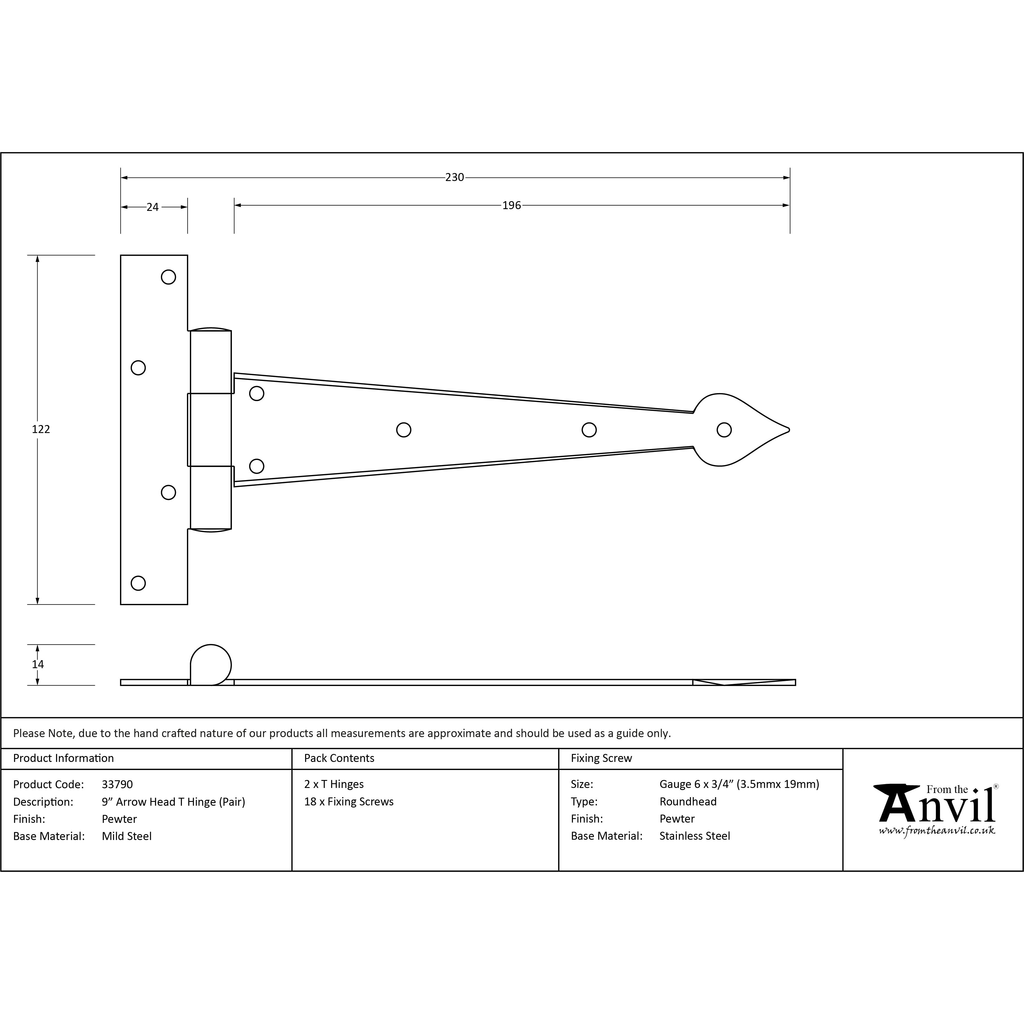 Pewter 9" Arrow Head T Hinge (pair) | From The Anvil-T Hinges-Yester Home