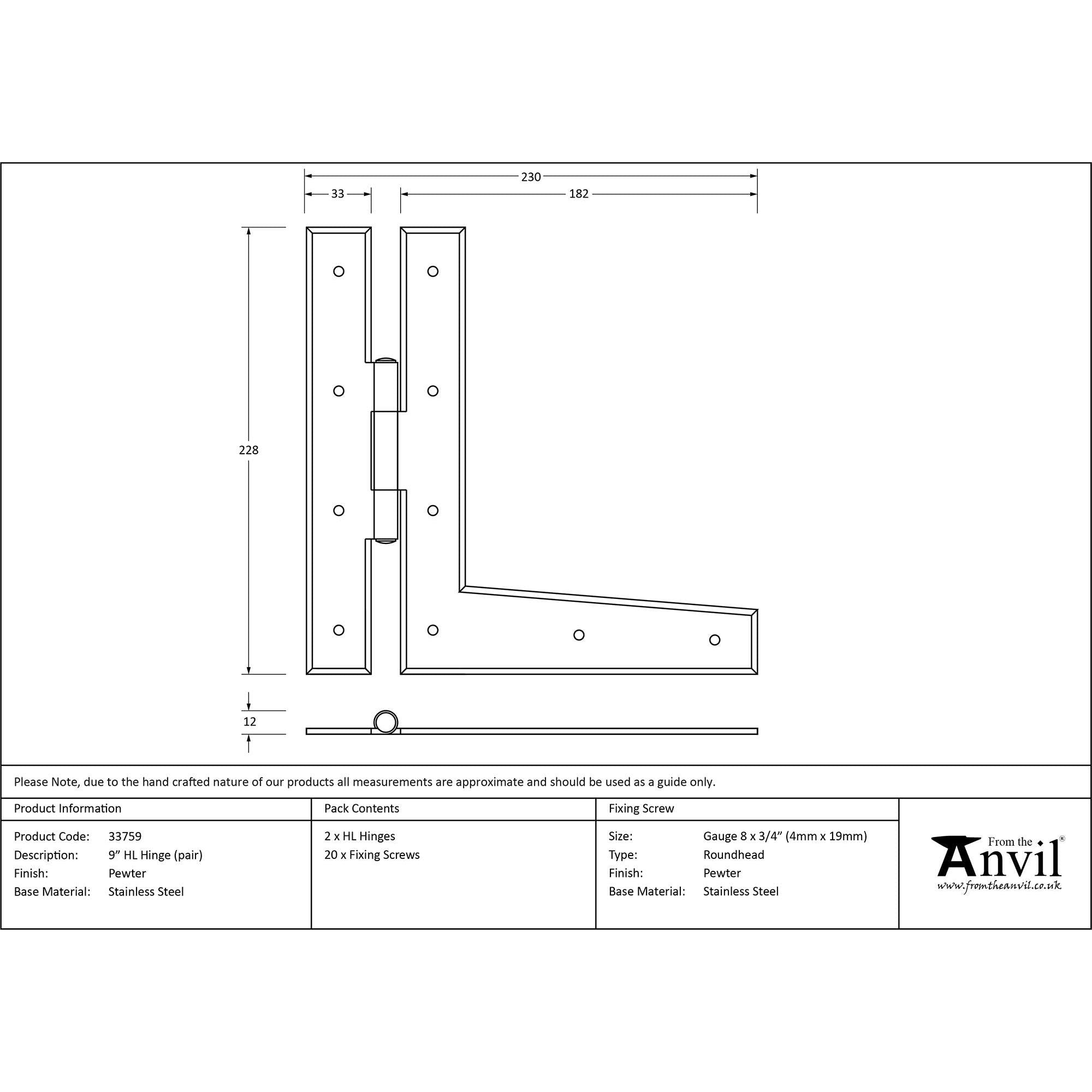 Pewter 9" HL Hinge (pair) | From The Anvil - H & HL Hinges - From The Anvil - Yester Home