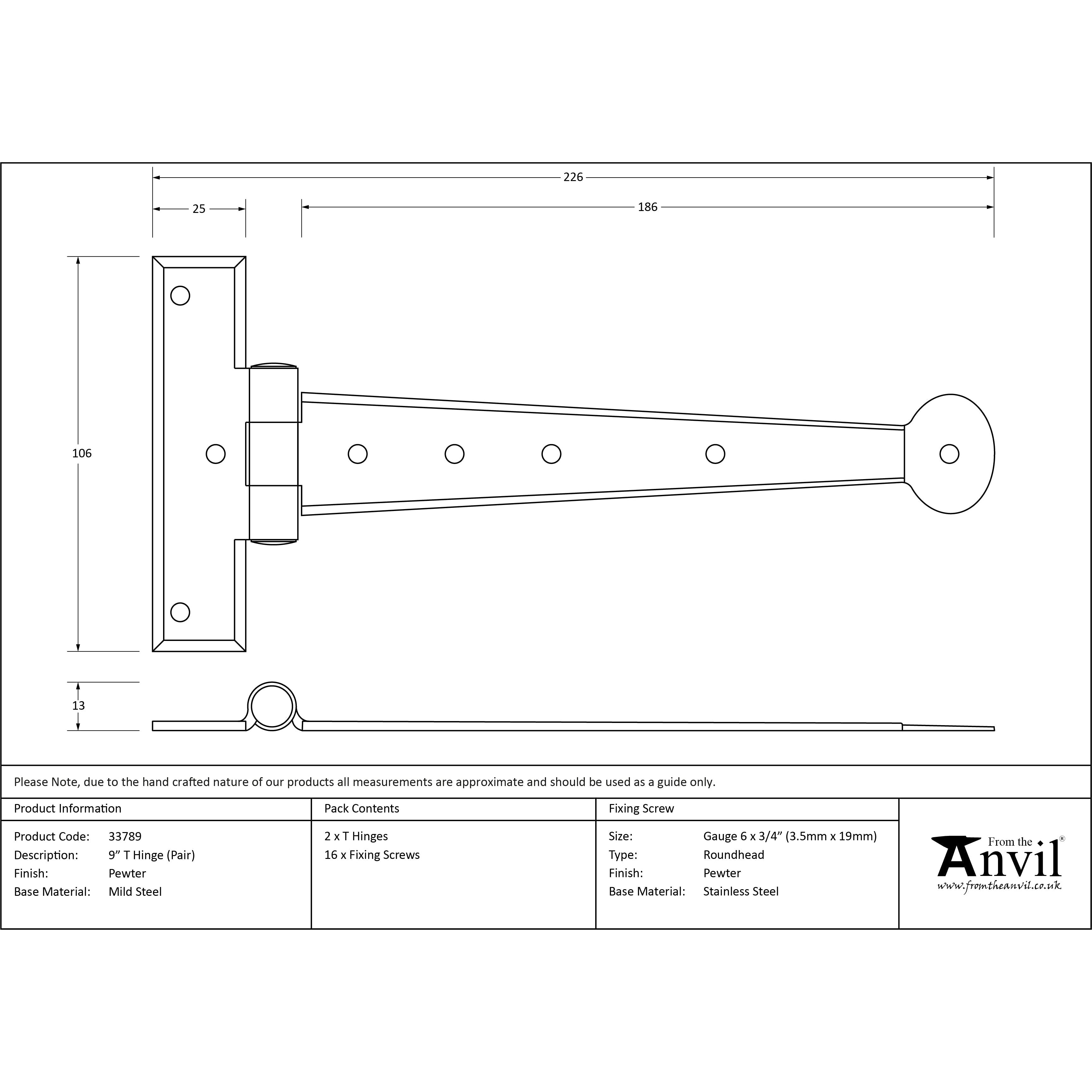 Pewter 9" Penny End T Hinge (pair) | From The Anvil-T Hinges-Yester Home