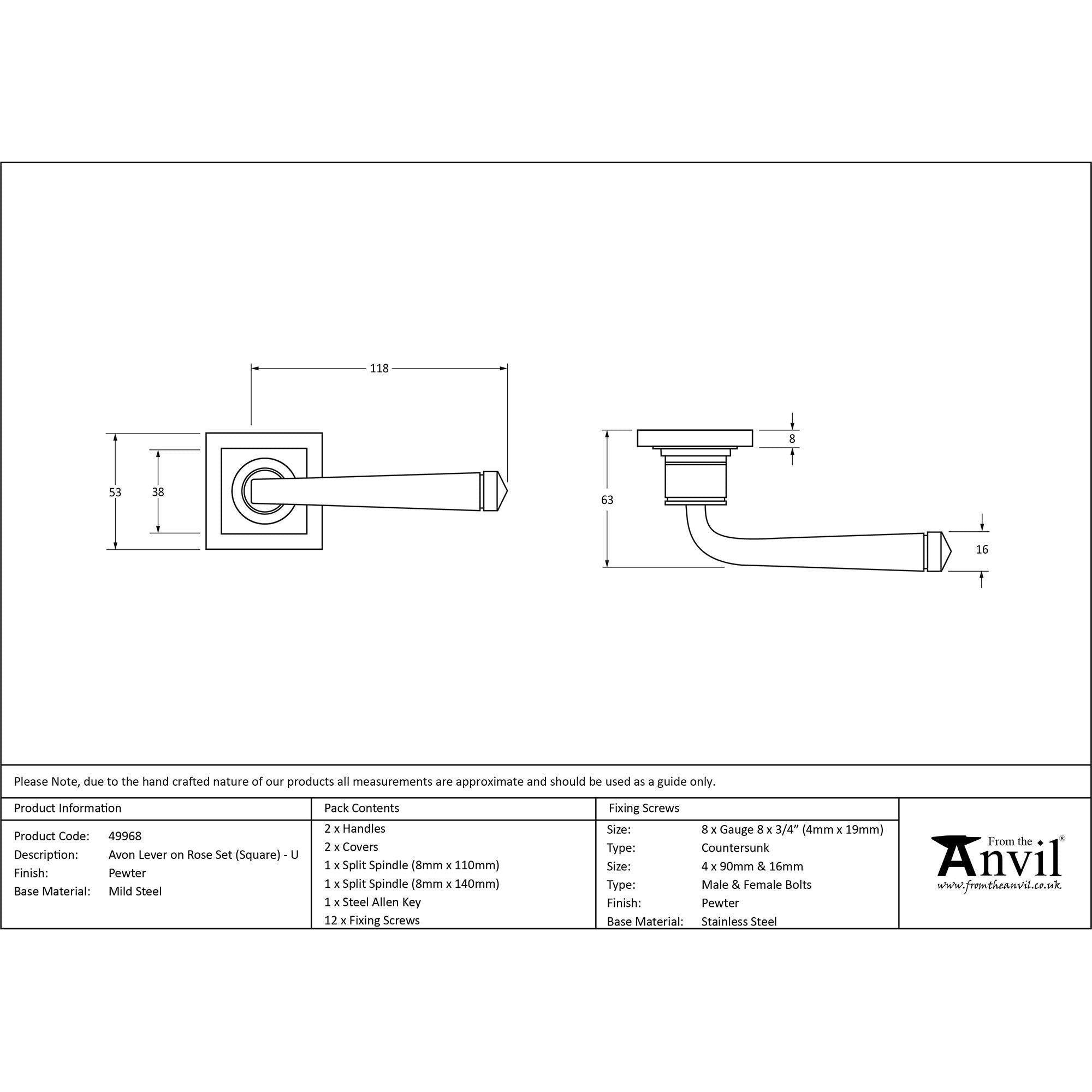 Pewter Avon Round Lever on Rose Set (Square) - Unsprung | From The Anvil - Concealed - From The Anvil - Yester Home