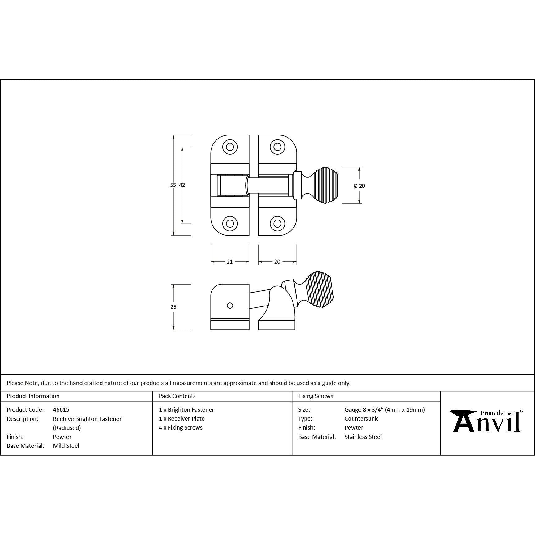 Pewter Beehive Brighton Fastener (Radiused) - Brighton Fasteners - From The Anvil - Yester Home