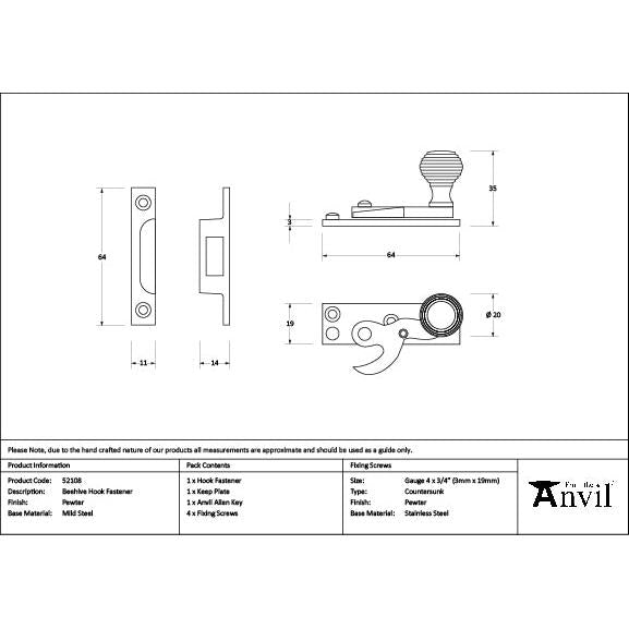 Pewter Beehive Sash Hook Fastener - Sash Hook Fasteners - From The Anvil - Yester Home