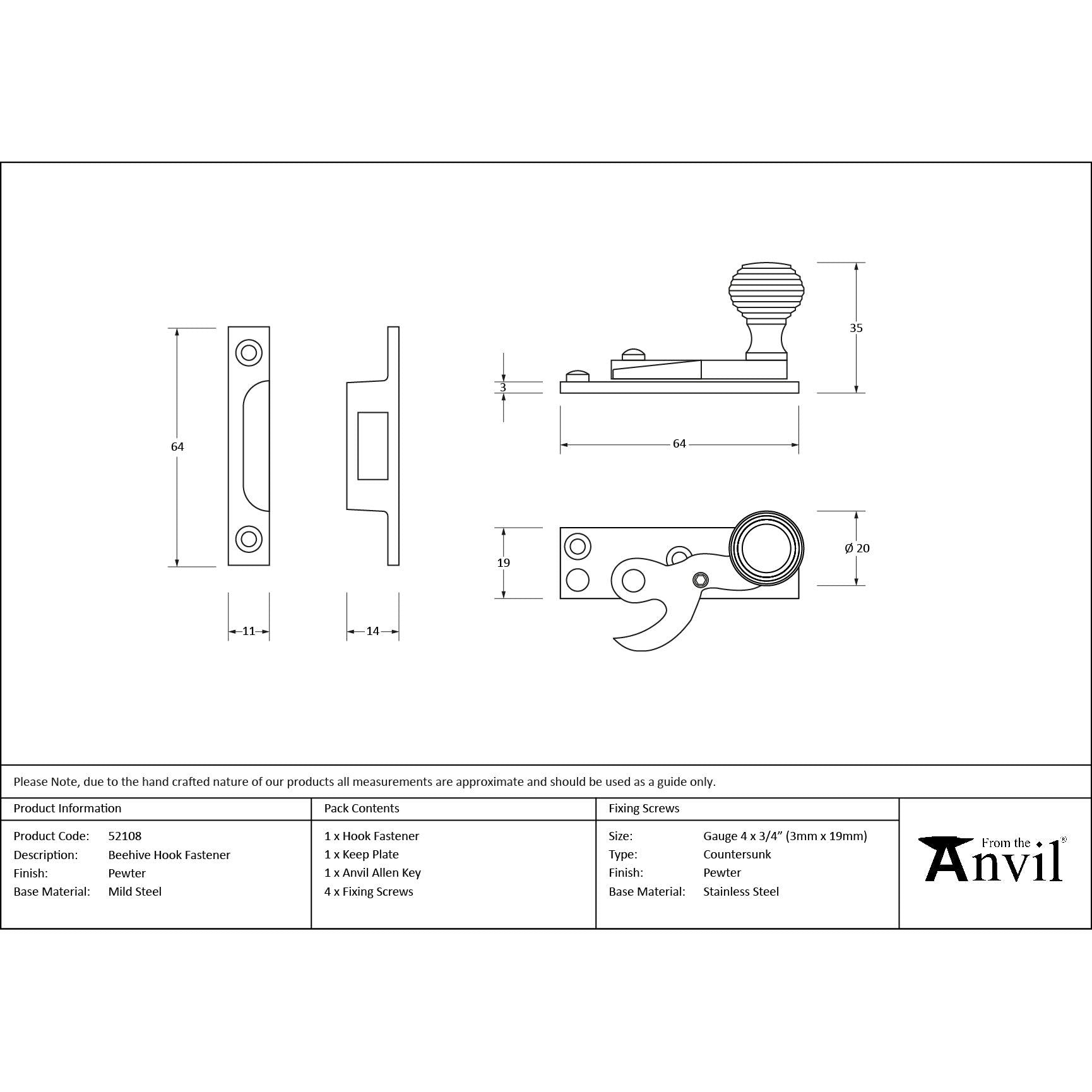 Pewter Beehive Sash Hook Fastener - Sash Hook Fasteners - From The Anvil - Yester Home