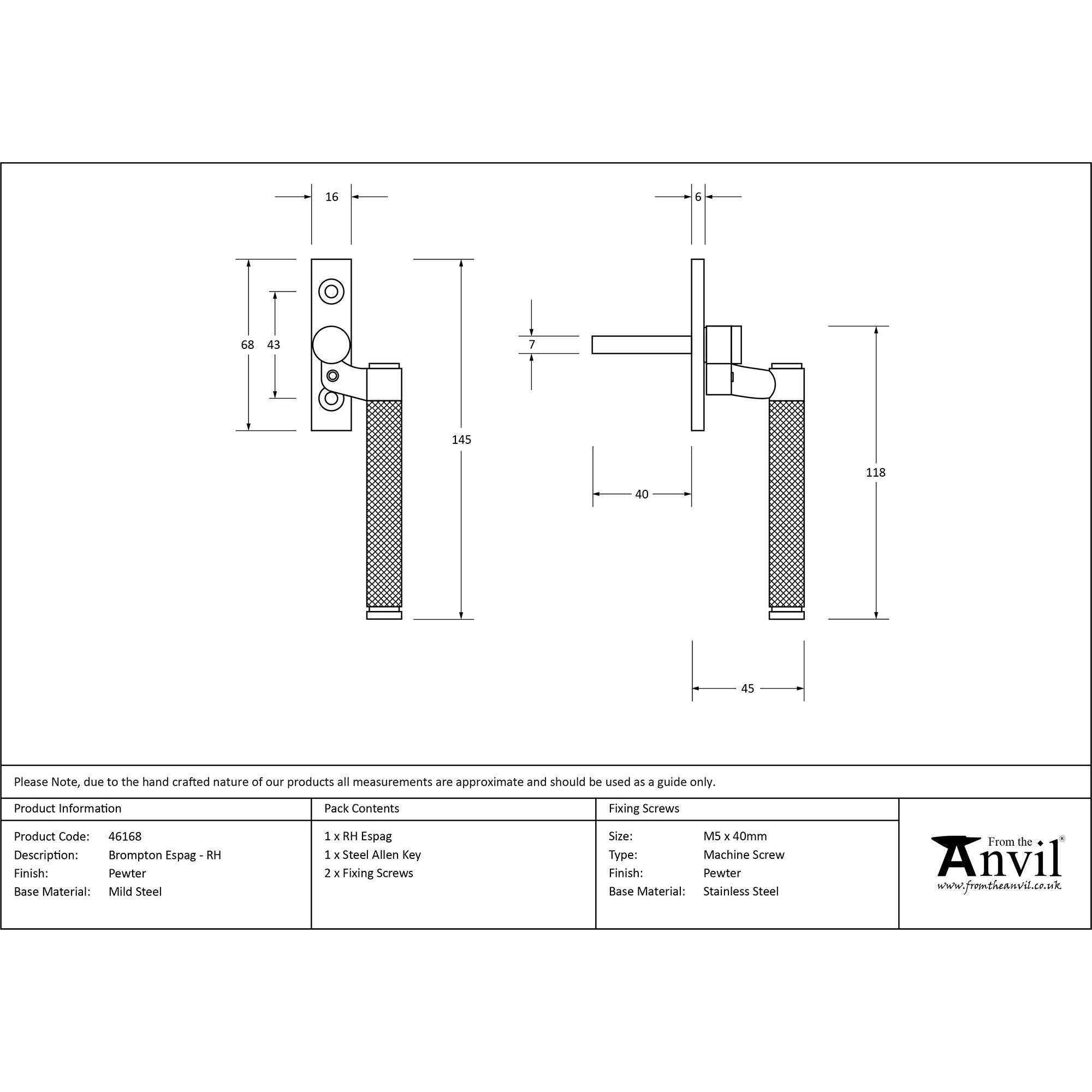 Pewter Brompton Espag - RH | From The Anvil - Espag. Fasteners - From The Anvil - Yester Home
