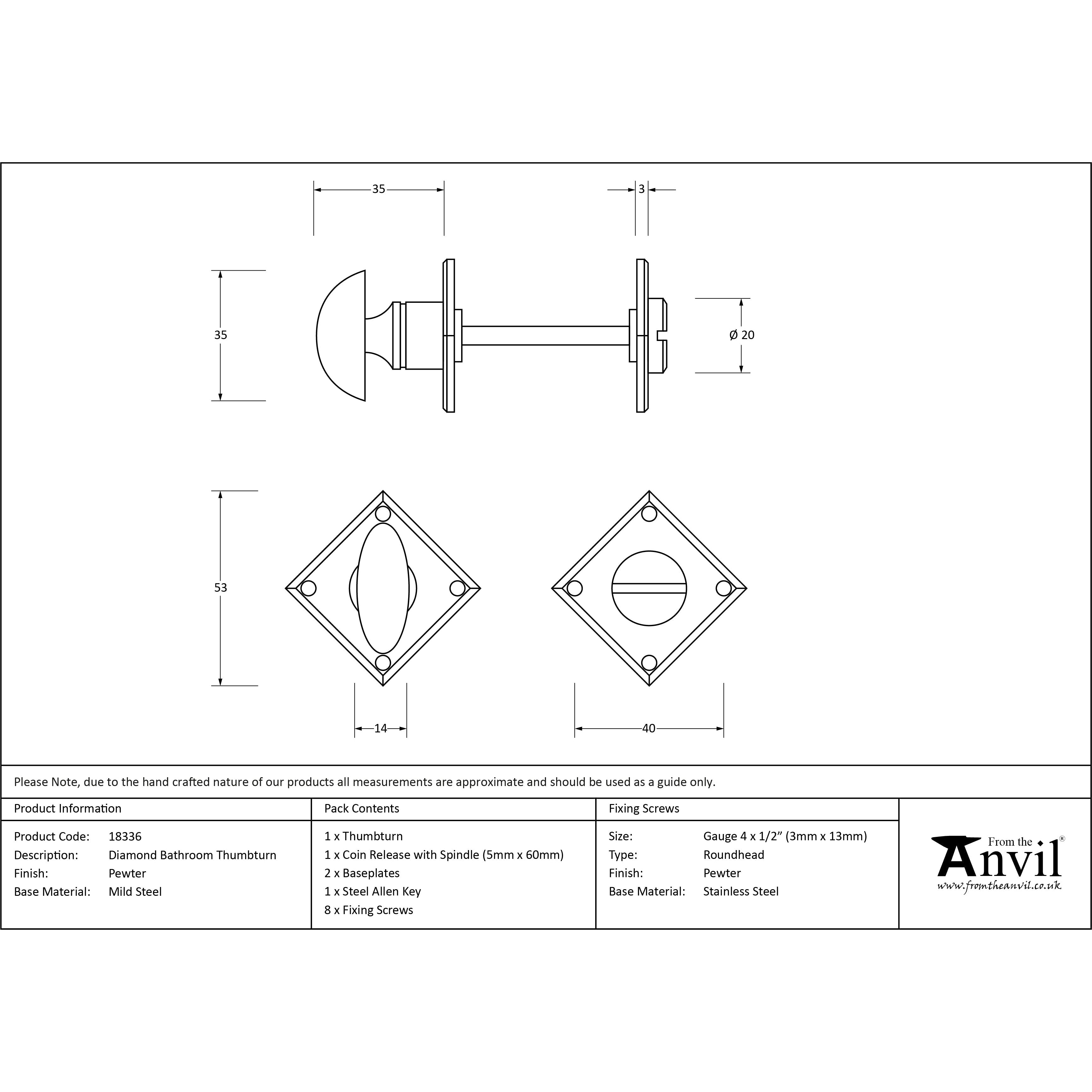 Pewter Diamond Bathroom Thumbturn | From The Anvil-Thumbturns-Yester Home