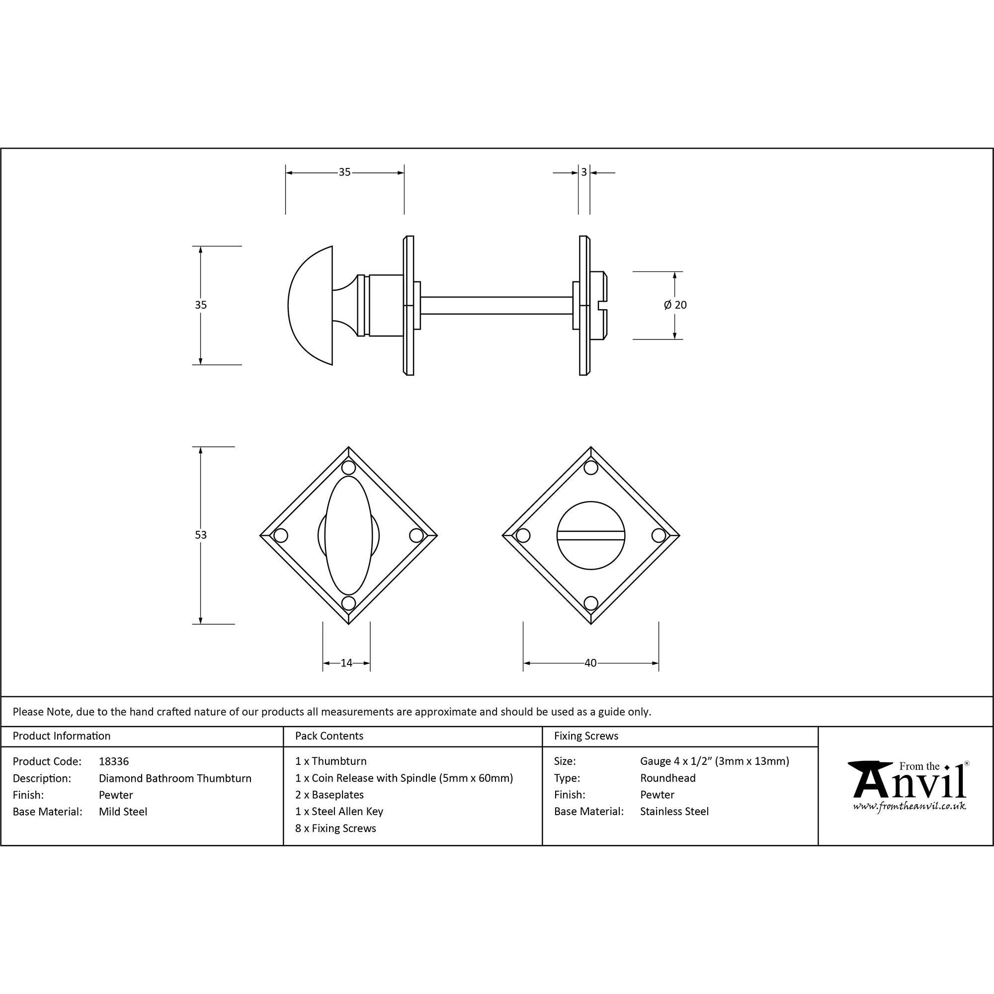 Pewter Diamond Bathroom Thumbturn | From The Anvil - Thumbturns - From The Anvil - Yester Home