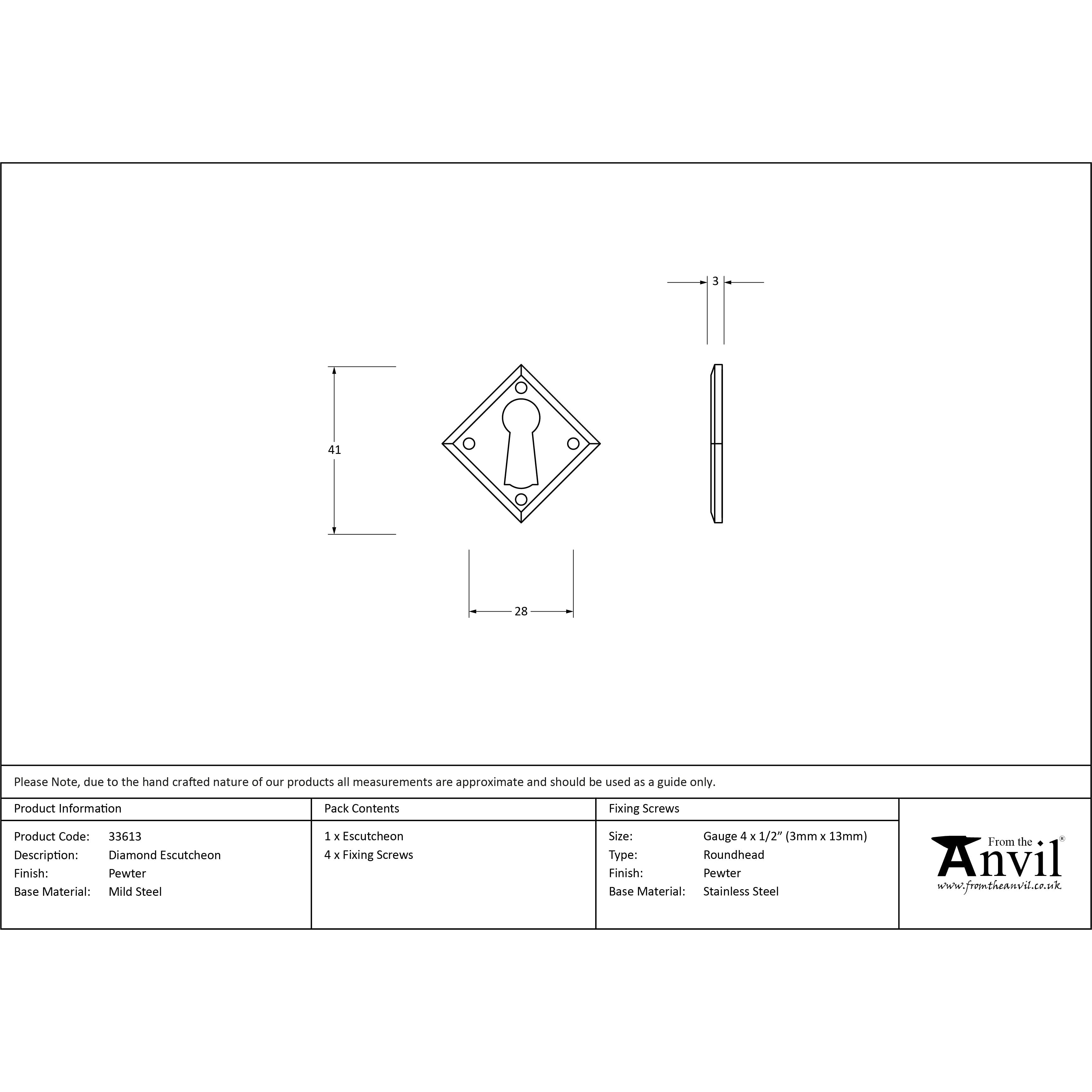 Pewter Diamond Escutcheon | From The Anvil-Escutcheons-Yester Home