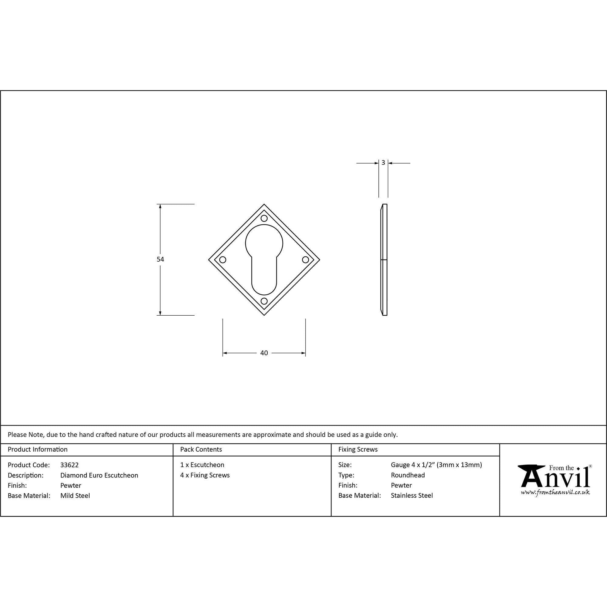 Pewter Diamond Euro Escutcheon | From The Anvil - Euro Escutcheons - From The Anvil - Yester Home