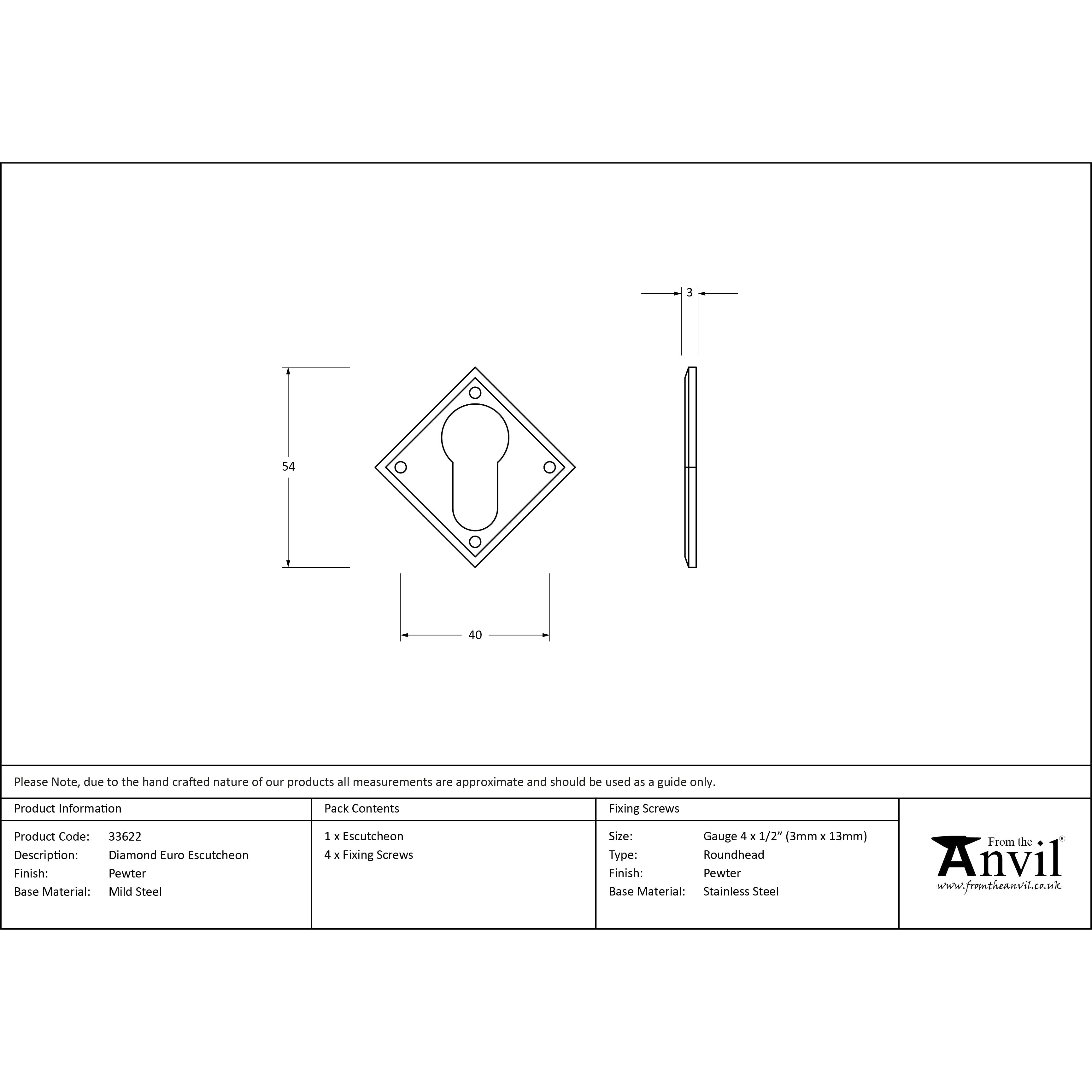 Pewter Diamond Euro Escutcheon | From The Anvil-Euro Escutcheons-Yester Home