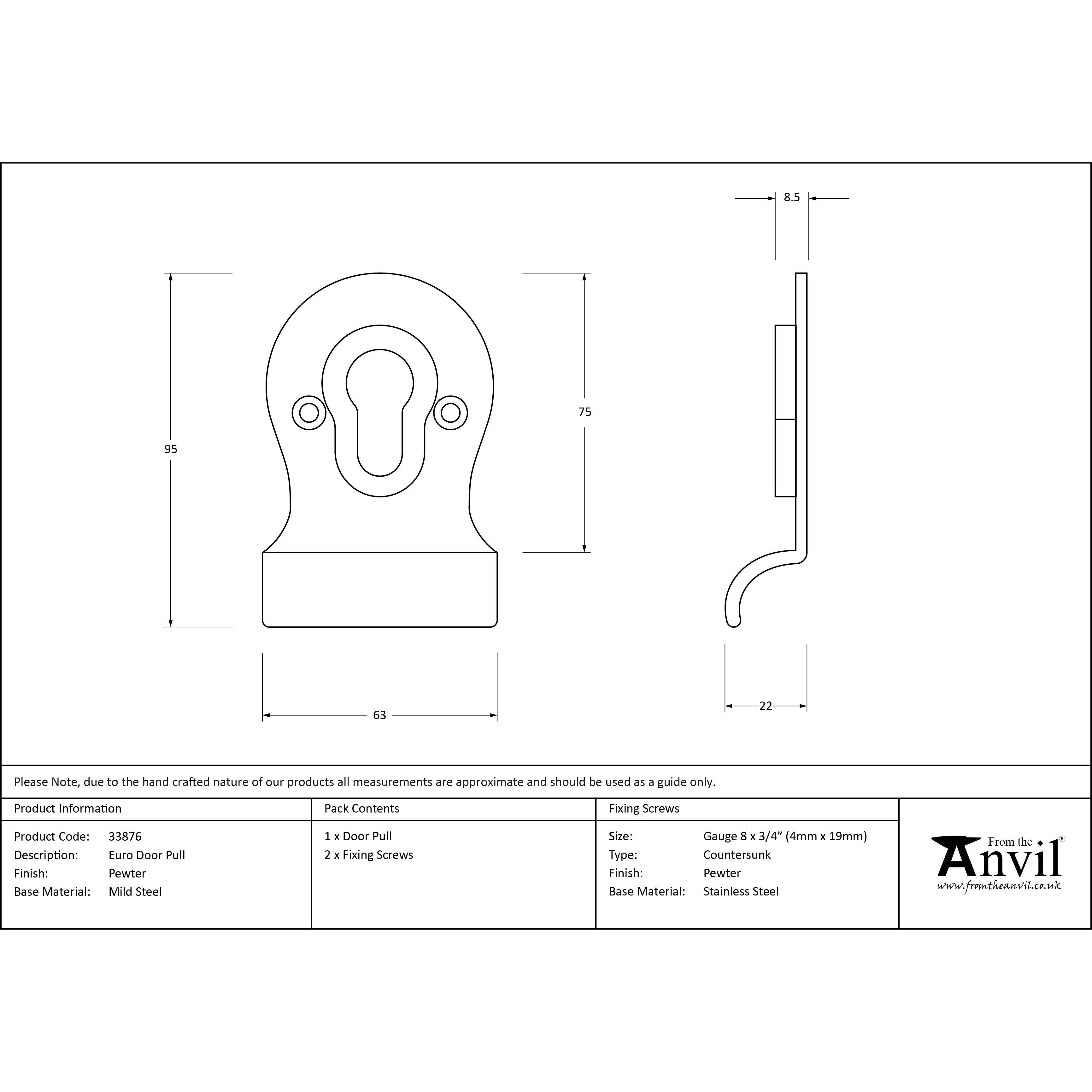 Pewter Euro Door Pull | From The Anvil-Euro Pulls-Yester Home
