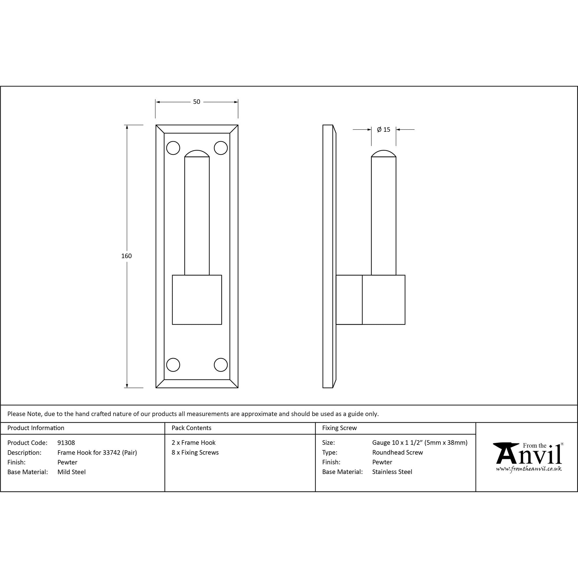 Pewter Frame Hook For 33742 (pair) | From The Anvil - T Hinge Accessories - From The Anvil - Yester Home