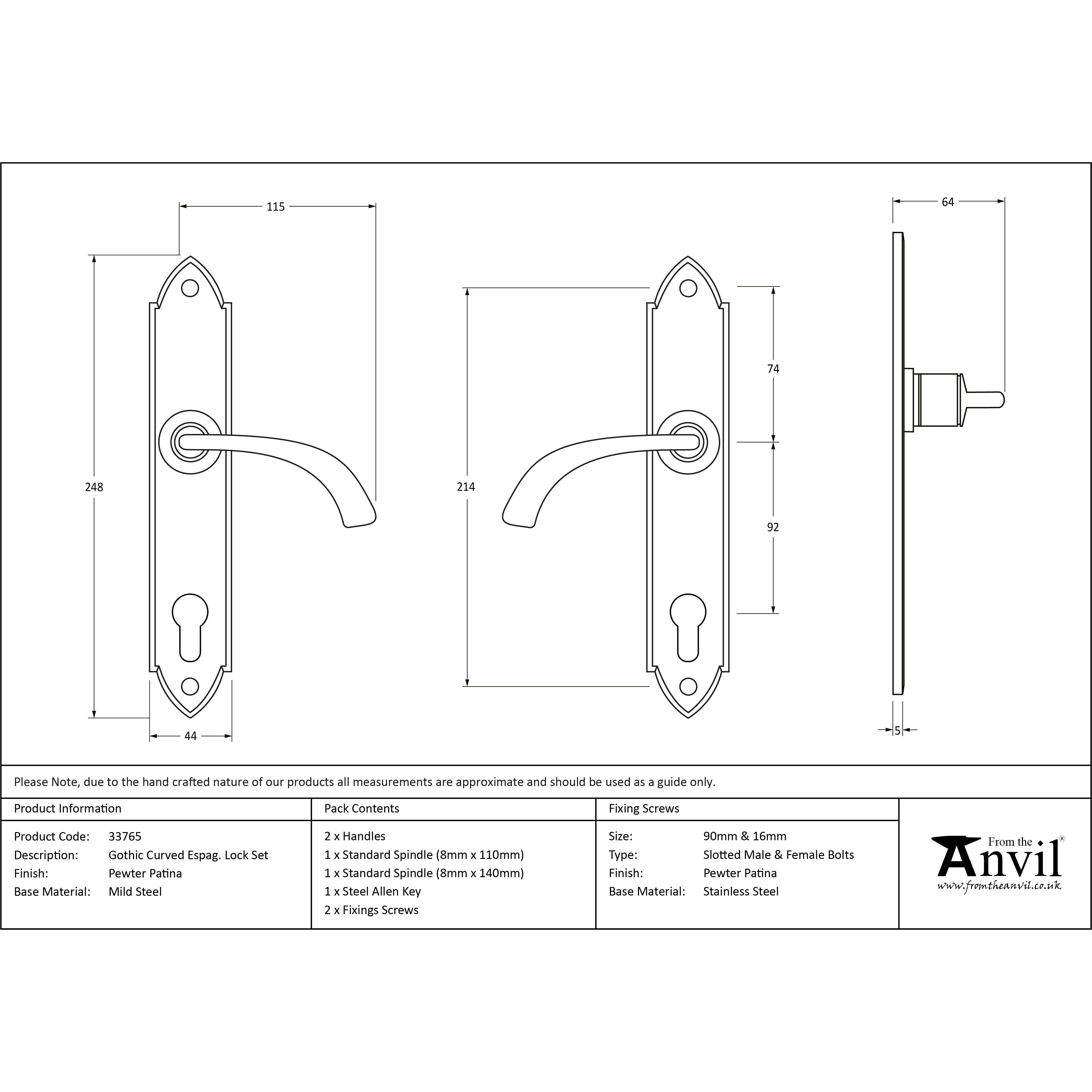 Pewter Gothic Curved Lever Espag. Lock Set | From The Anvil-Espagnolette-Yester Home