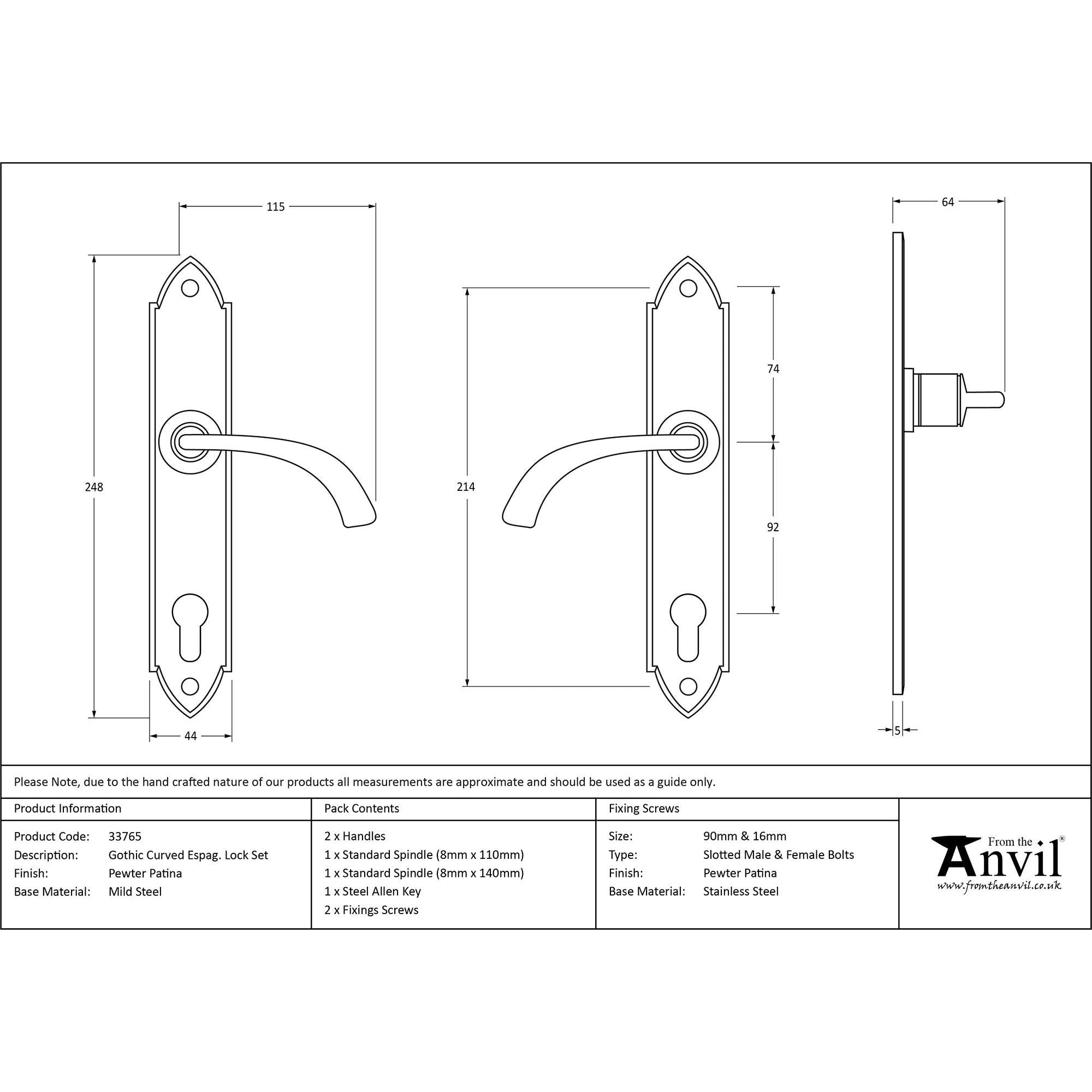 Pewter Gothic Curved Lever Espag. Lock Set | From The Anvil - Espagnolette - From The Anvil - Yester Home