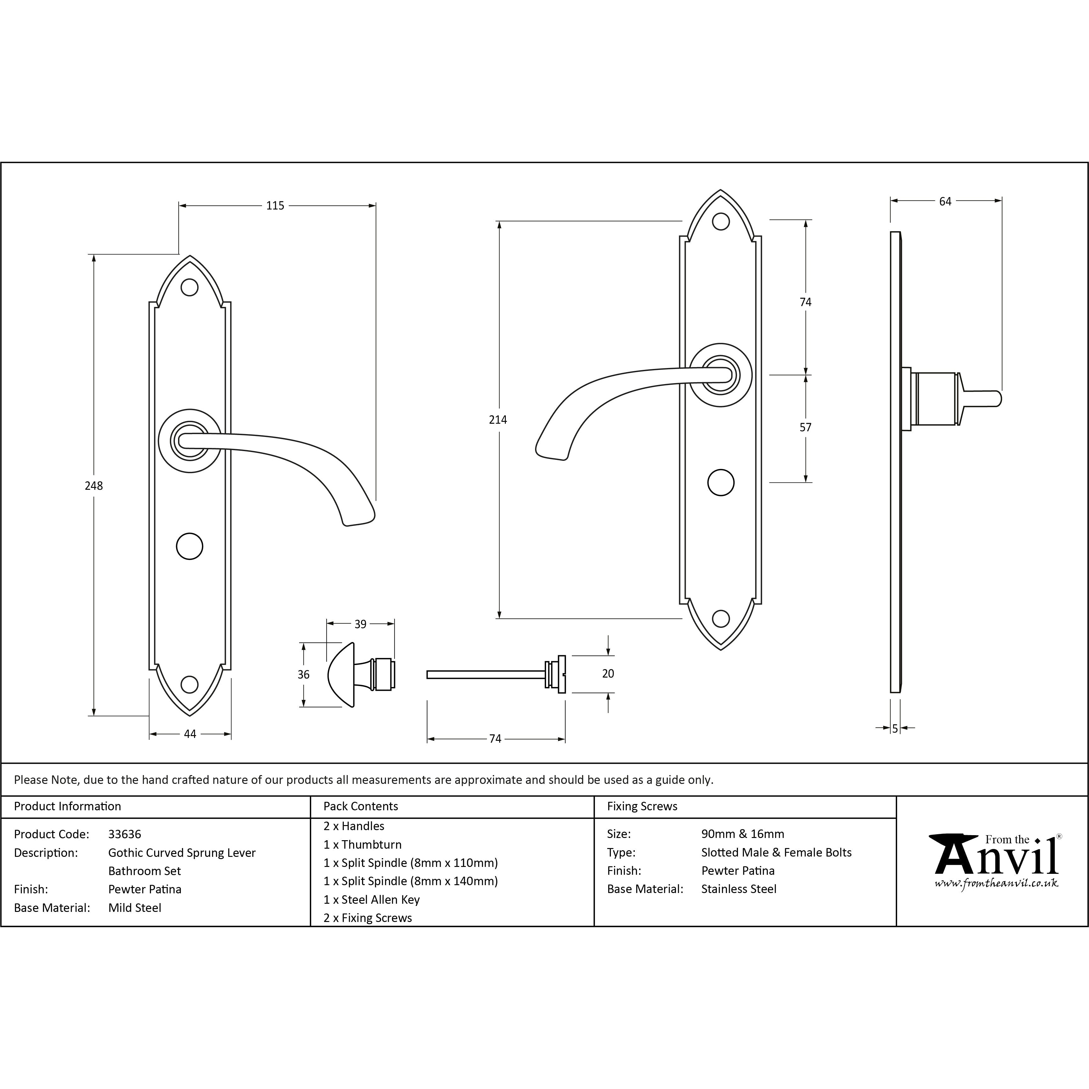 Pewter Gothic Curved Sprung Lever Bathroom Set | From The Anvil-Lever Bathroom-Yester Home