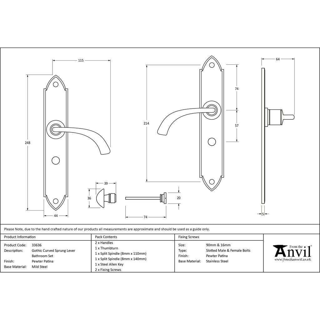 Pewter Gothic Curved Sprung Lever Bathroom Set | From The Anvil-Lever Bathroom-Yester Home