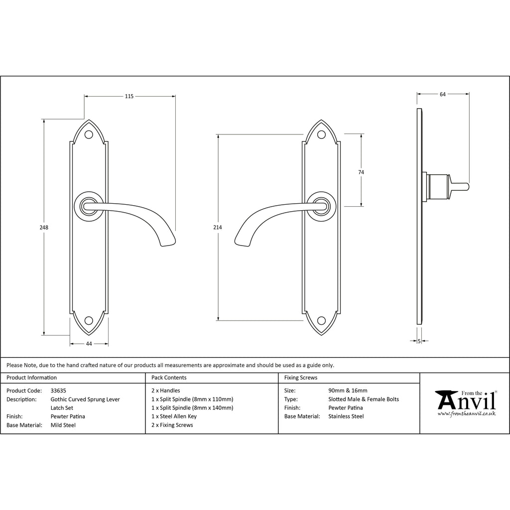Pewter Gothic Curved Sprung Lever Latch Set | From The Anvil