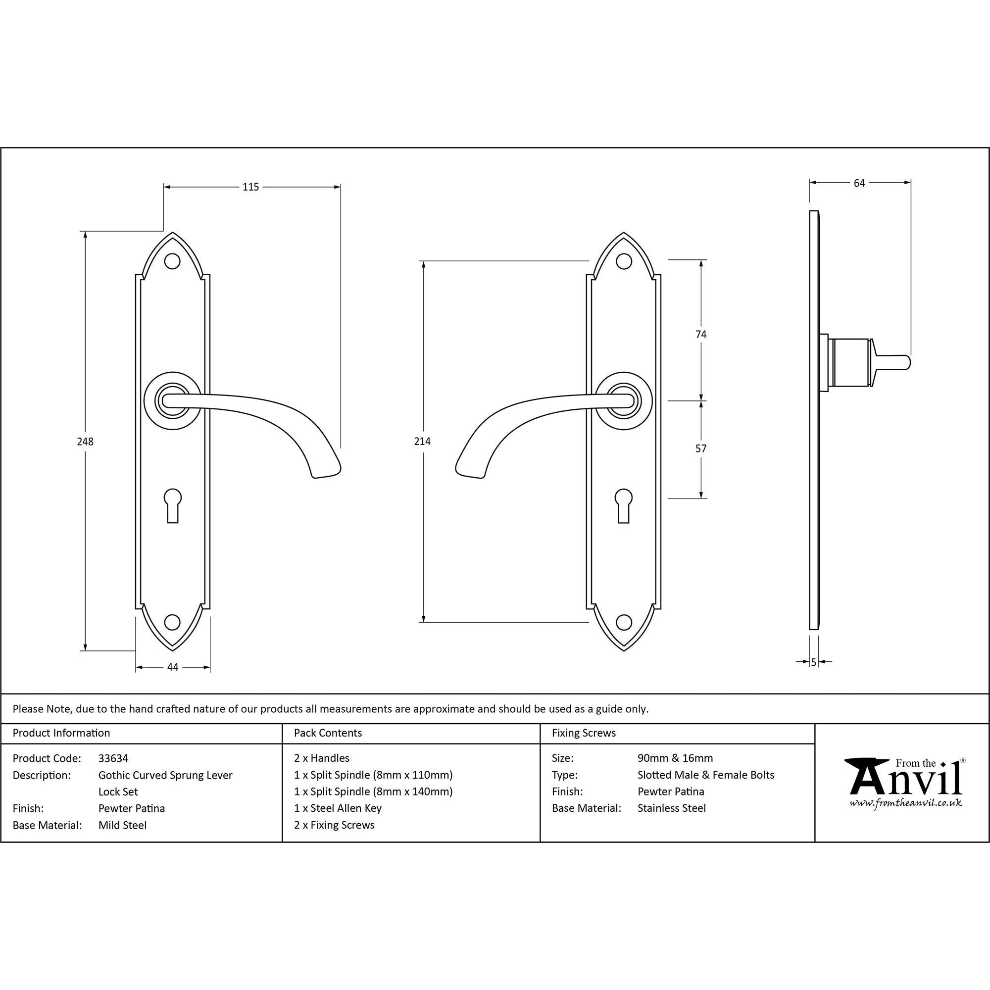 Pewter Gothic Curved Sprung Lever Lock Set | From The Anvil - Lever Lock - From The Anvil - Yester Home