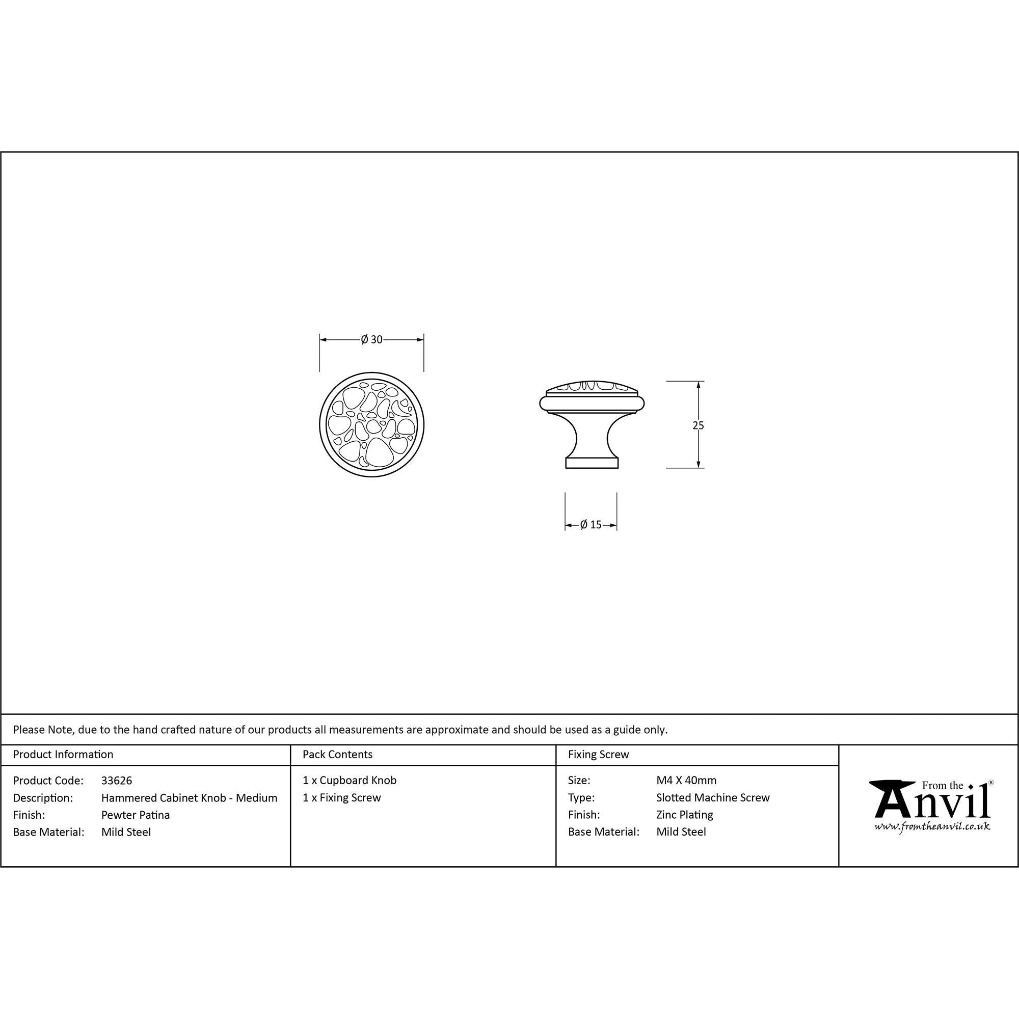 Pewter Hammered Cabinet Knob - Medium | From The Anvil - Cabinet Knobs - From The Anvil - Yester Home