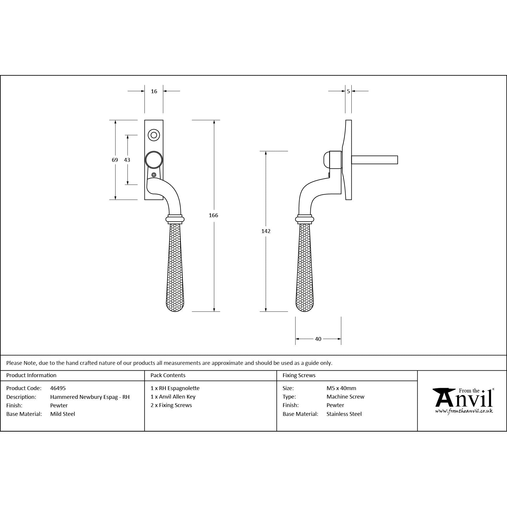 Pewter Hammered Newbury Espag - RH | From The Anvil - Espag. Fasteners - From The Anvil - Yester Home