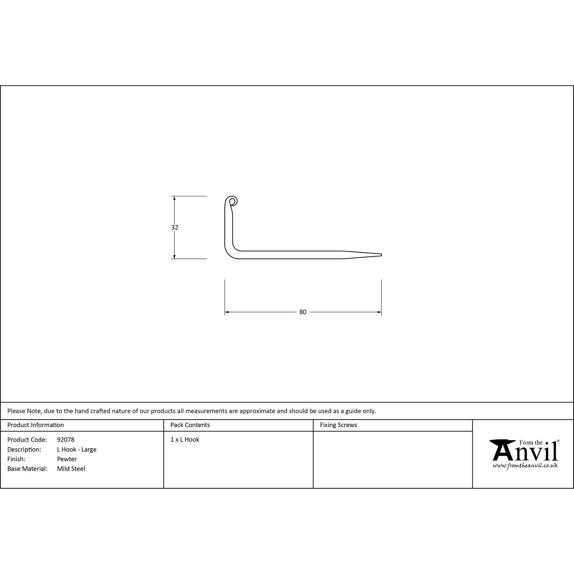 Pewter L Hook - Large | From The Anvil - L Hooks - From The Anvil - Yester Home