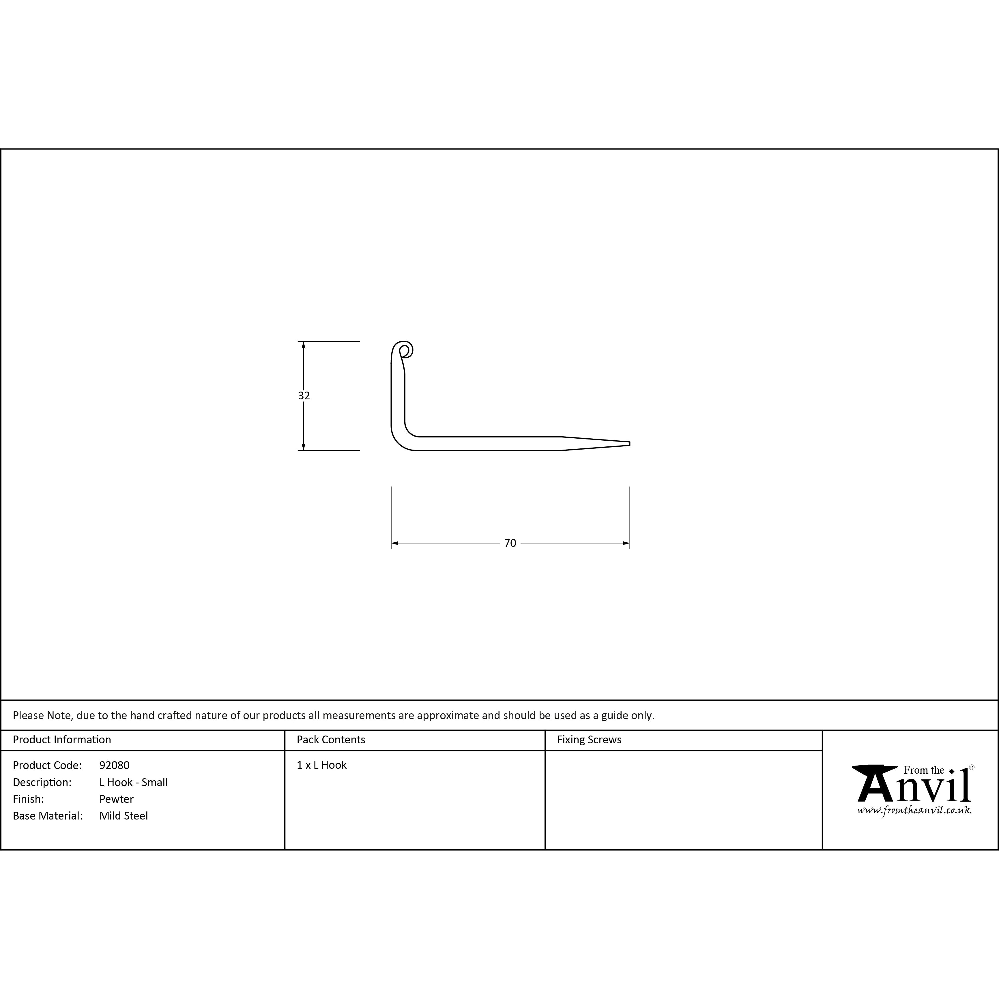Pewter L Hook - Small | From The Anvil-L Hooks-Yester Home