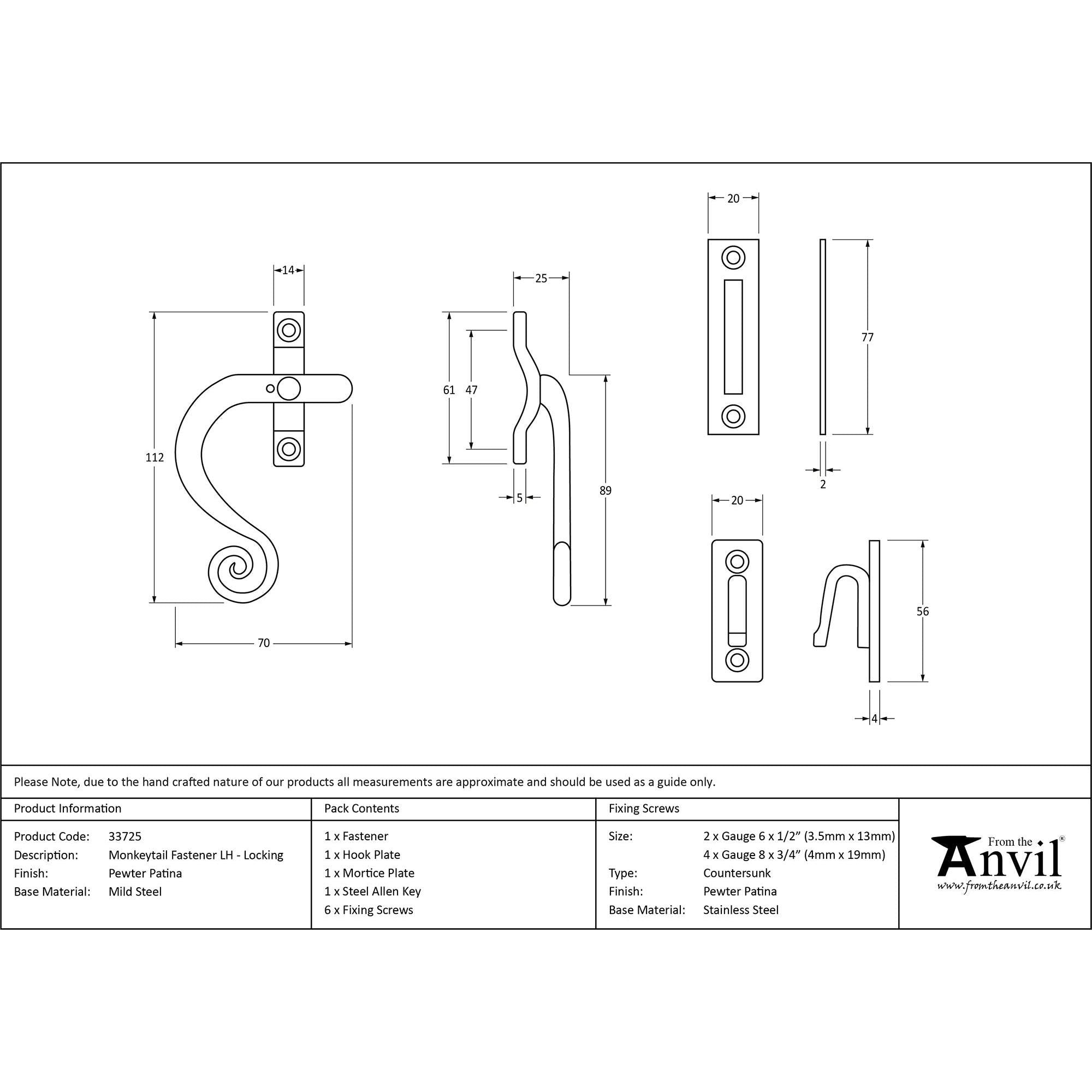 Pewter Locking Monkeytail Fastener - LH | From The Anvil - Locking Fasteners - From The Anvil - Yester Home
