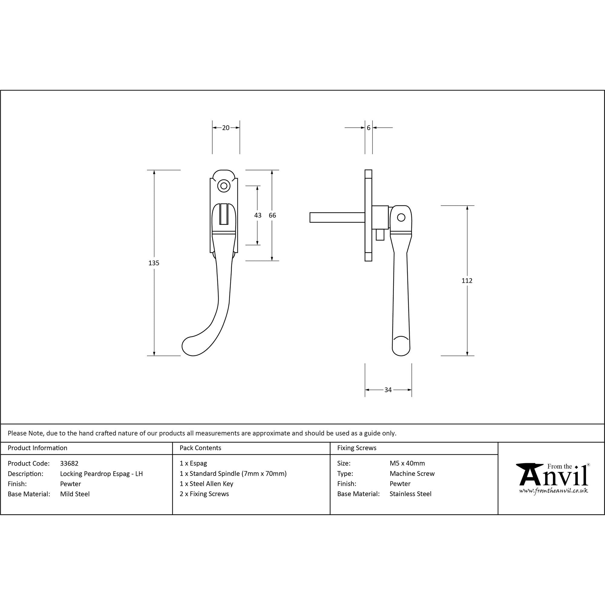 Pewter Locking Peardrop Espag - LH | From The Anvil - Espag. Fasteners - From The Anvil - Yester Home