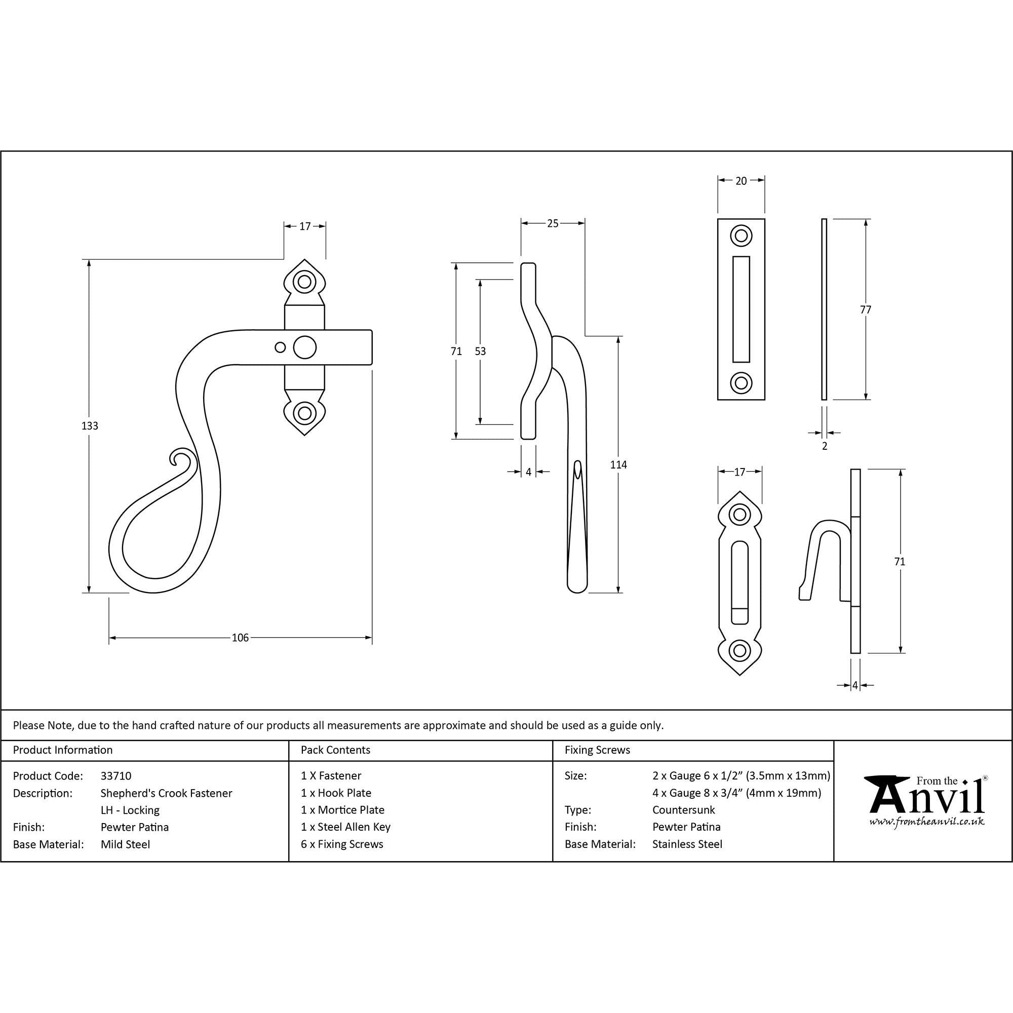 Pewter Locking Shepherd's Crook Fastener - LH | From The Anvil - Locking Fasteners - From The Anvil - Yester Home