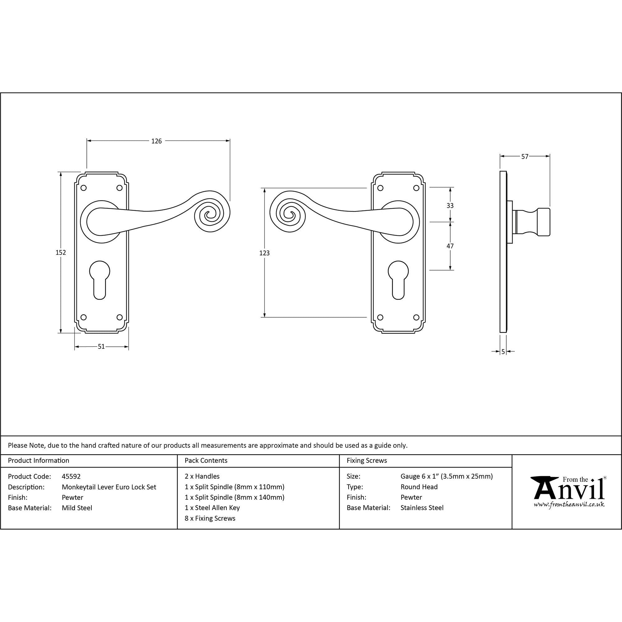 Pewter Monkeytail Lever Euro Lock Set | From The Anvil - Lever Euro - From The Anvil - Yester Home