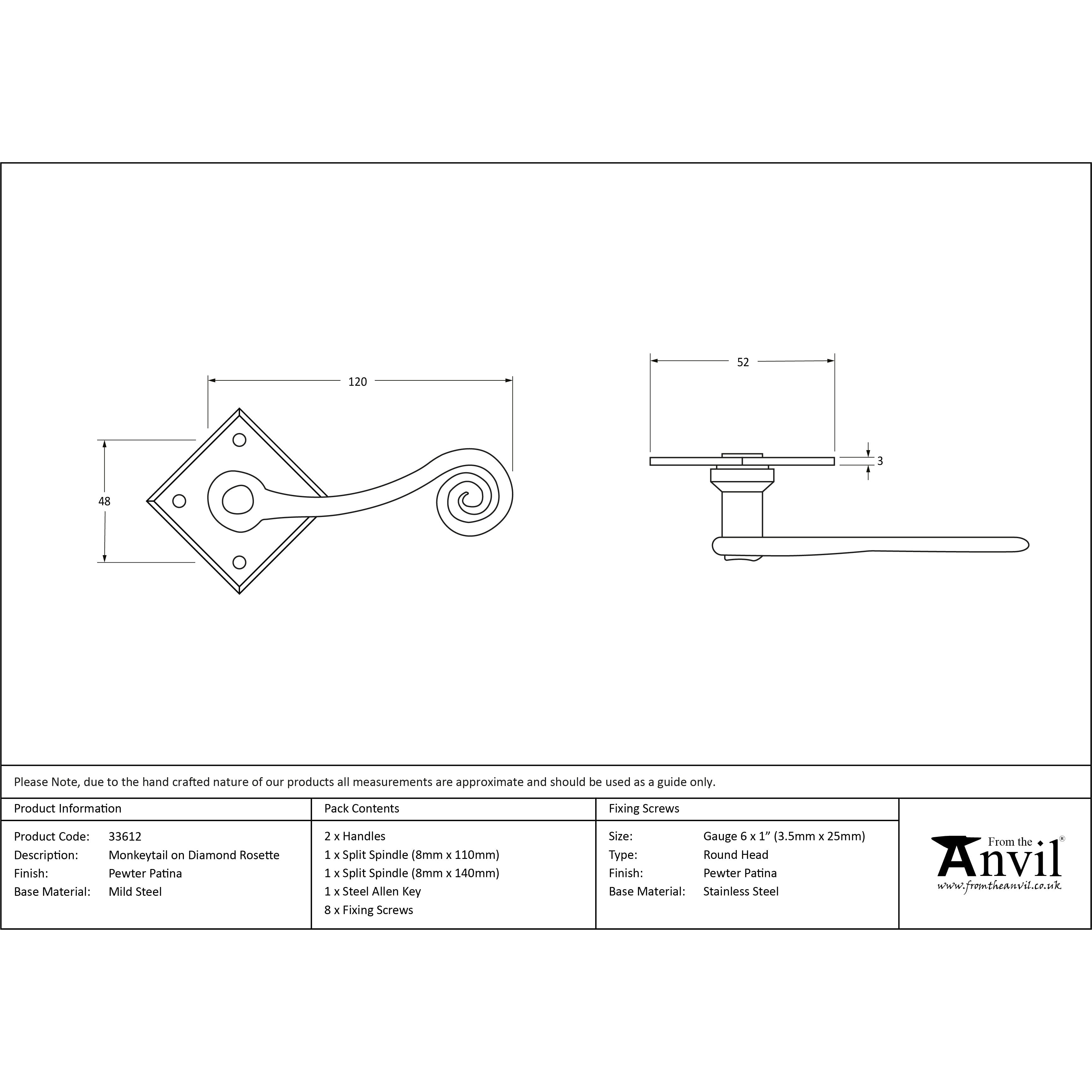 Pewter Monkeytail Lever on Rose Set (Diamond) | From The Anvil-Lever on Rose-Yester Home