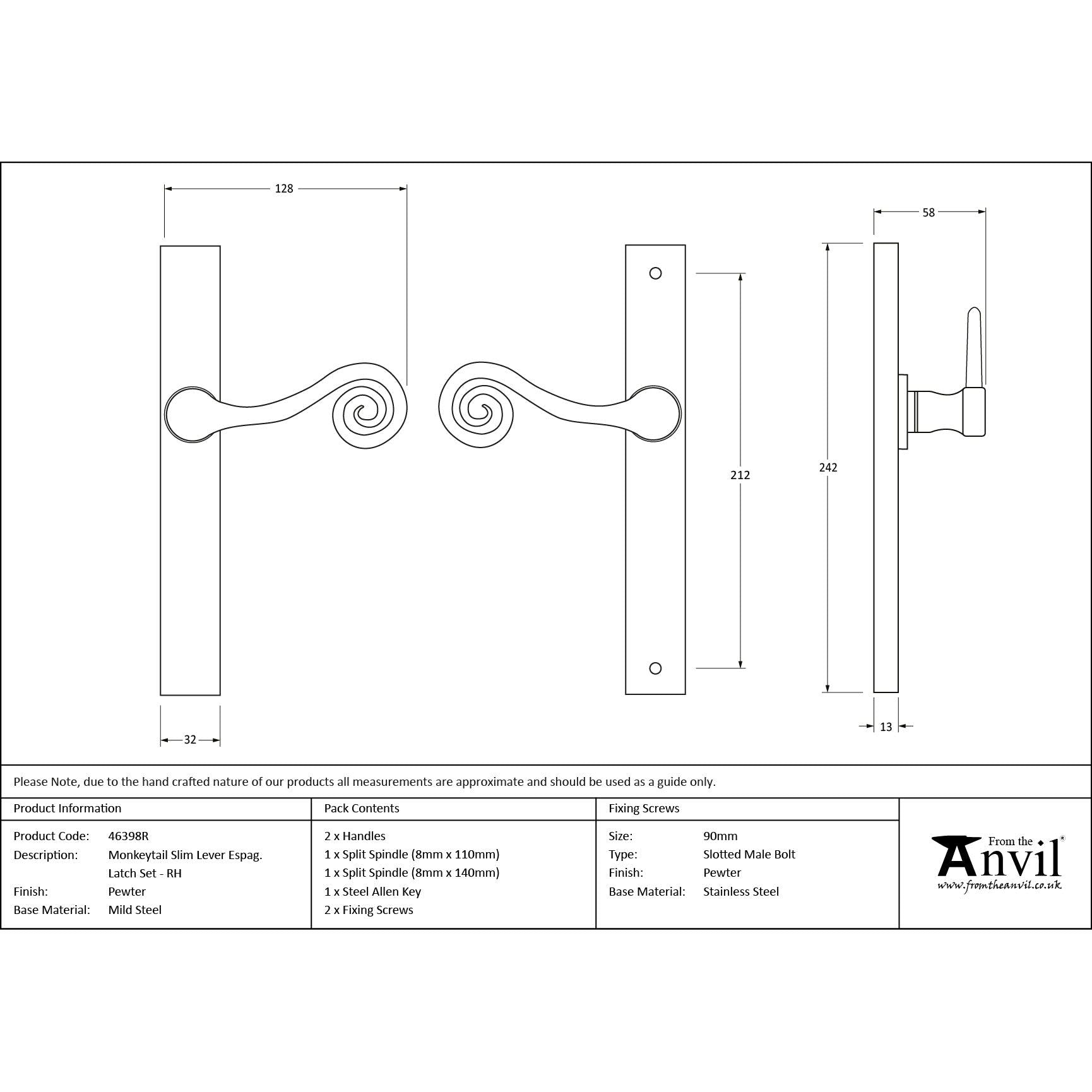 Pewter Monkeytail Slimline Lever Espag. Latch - RH | From The Anvil - Espagnolette - From The Anvil - Yester Home