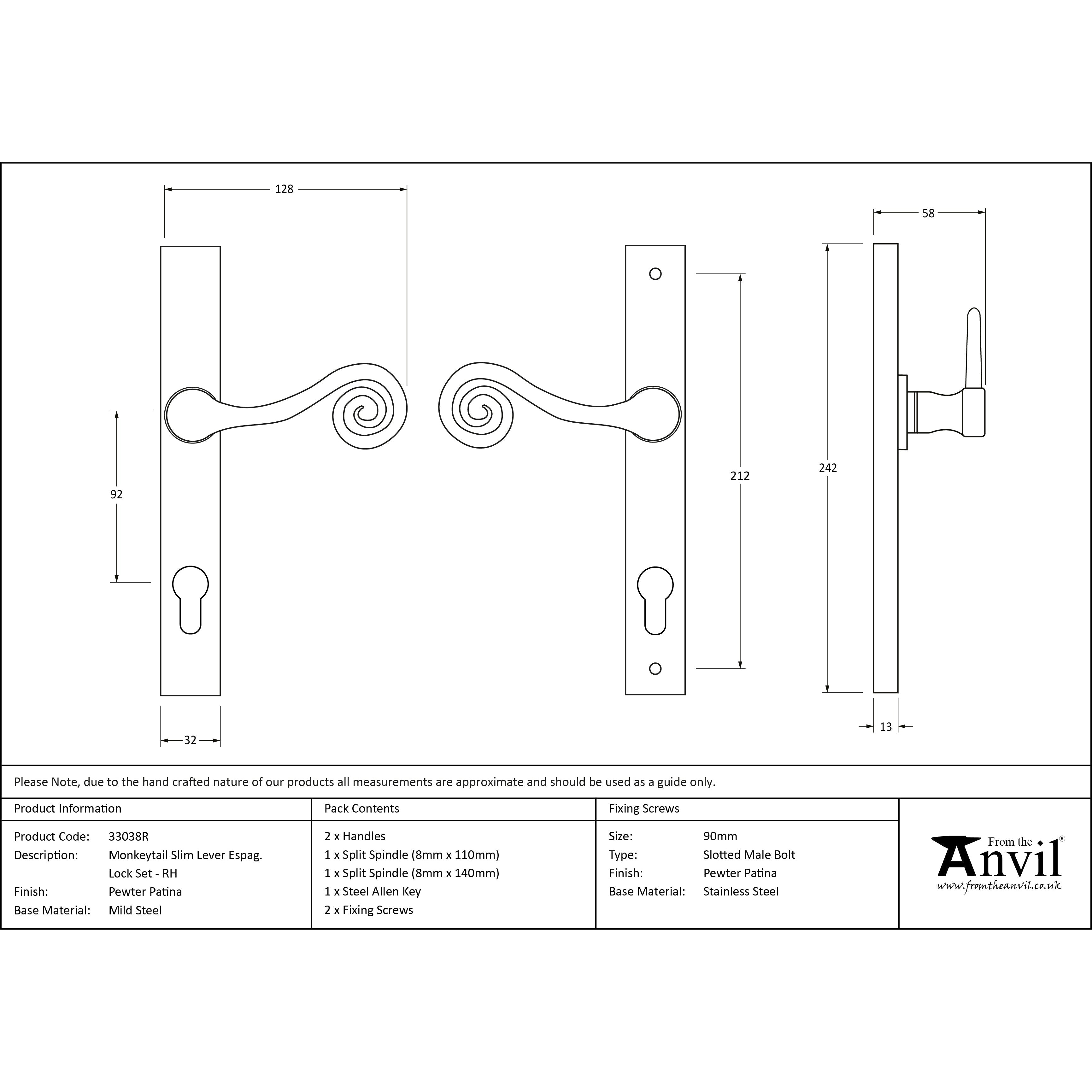 Pewter Monkeytail Slimline Lever Espag. Lock Set - RH | From The Anvil-Espagnolette-Yester Home
