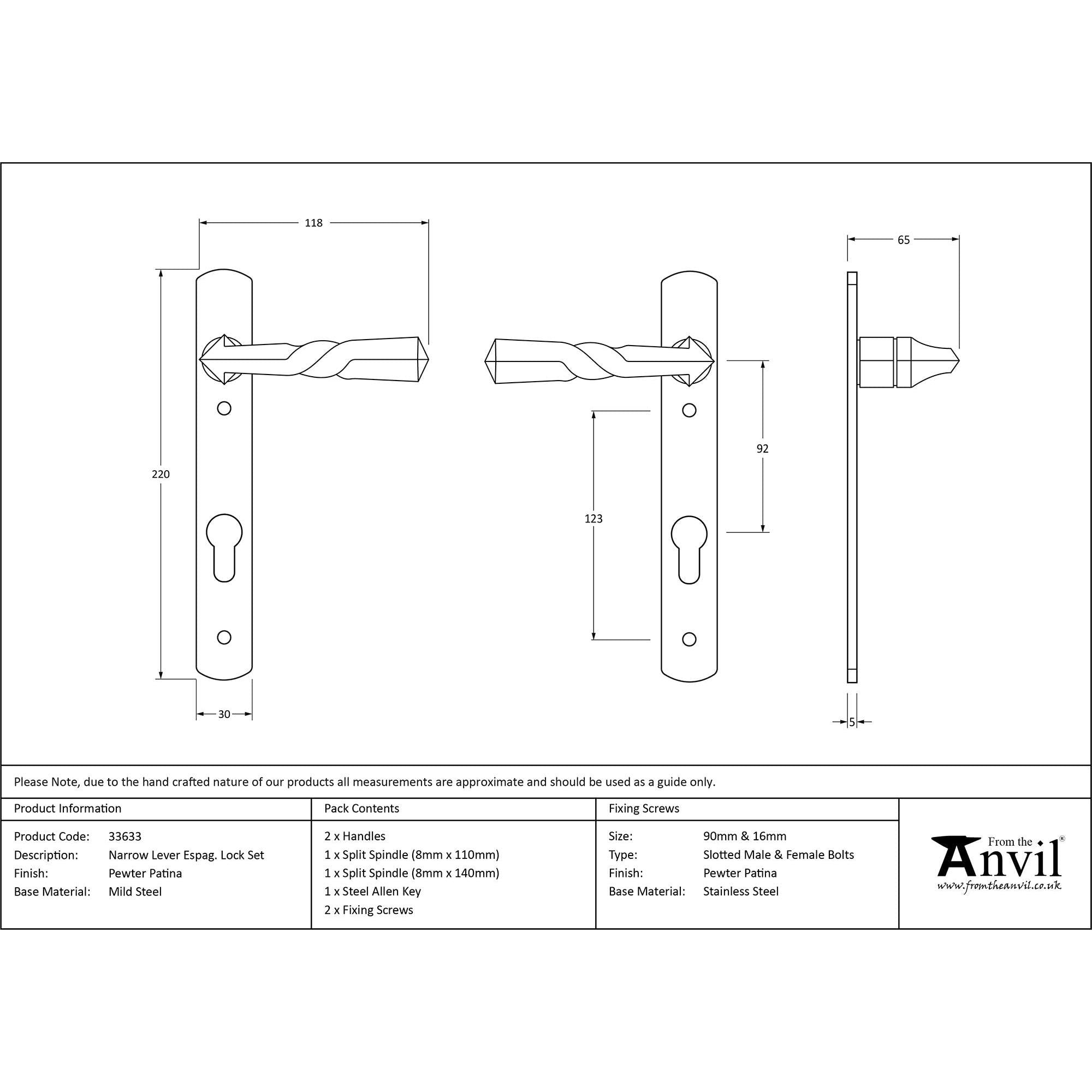Pewter Narrow Lever Espag. Lock Set | From The Anvil - Espagnolette - From The Anvil - Yester Home