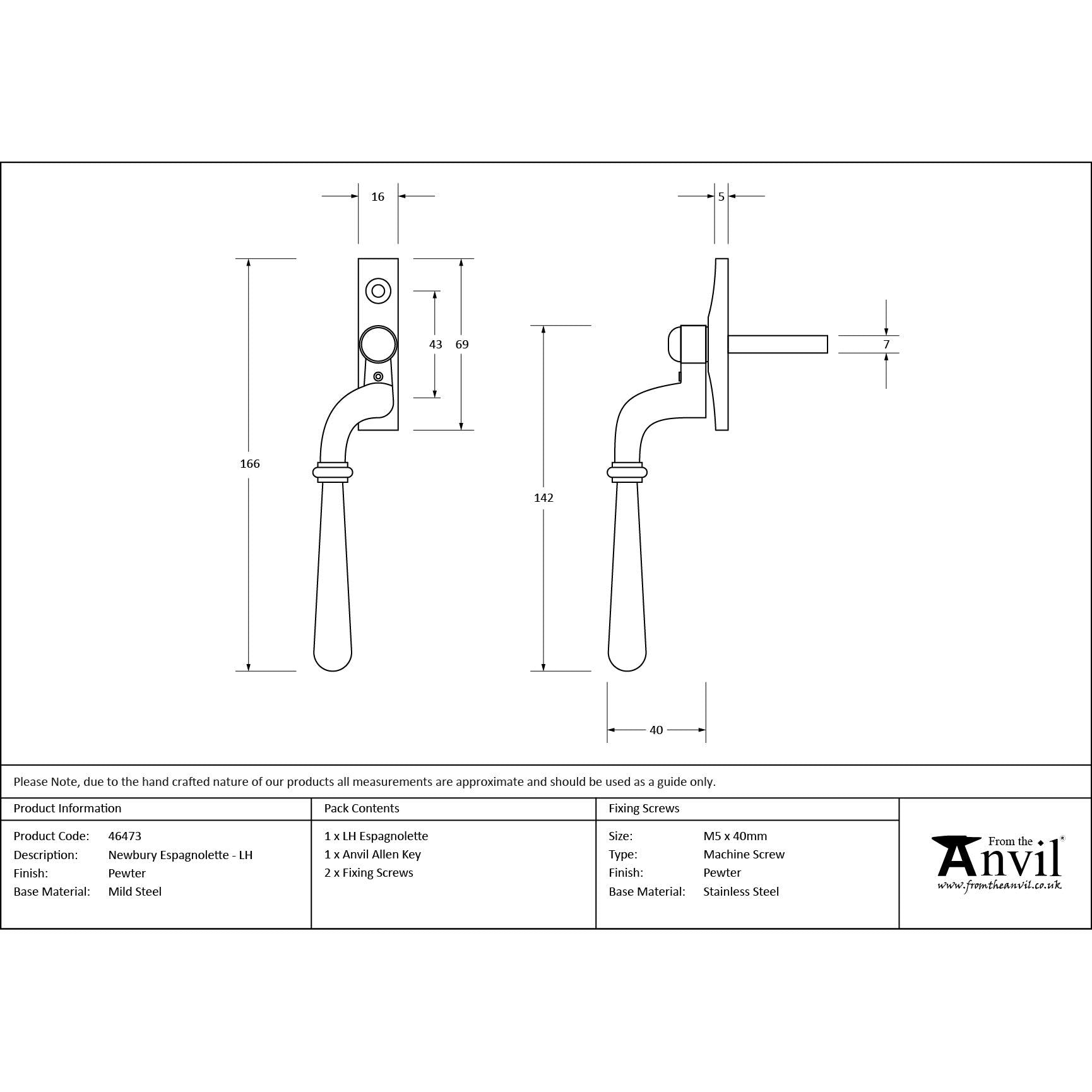 Pewter Newbury Espag - LH | From The Anvil - Espag. Fasteners - From The Anvil - Yester Home