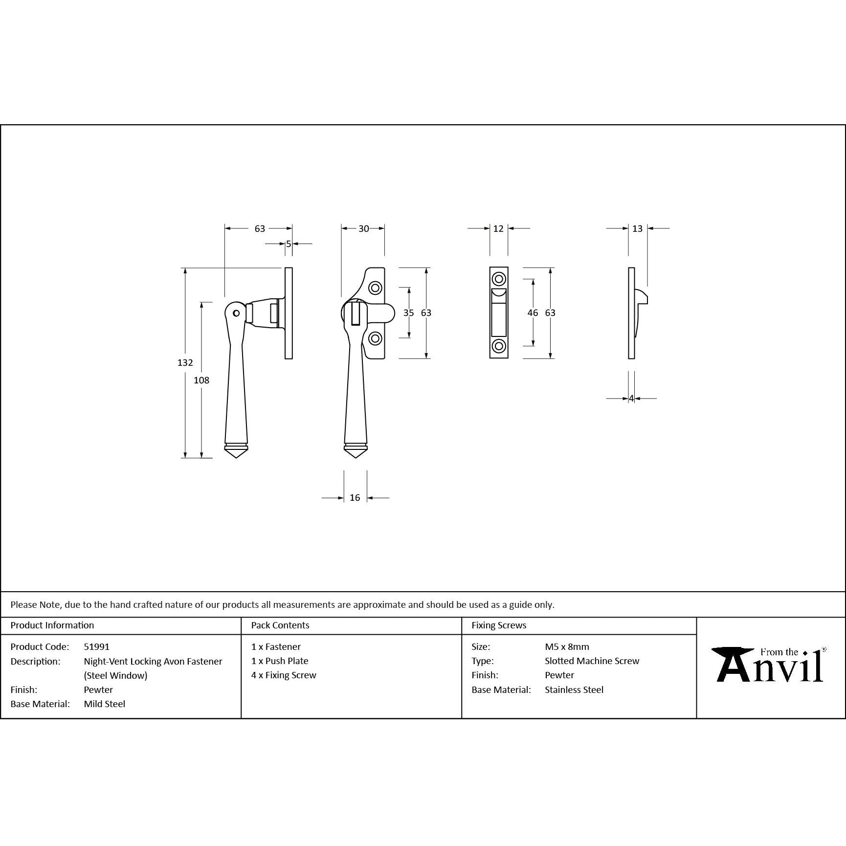 Pewter Night-Vent Locking Avon Fastener (Steel Window) - Night-Vent Fasteners - From The Anvil - Yester Home