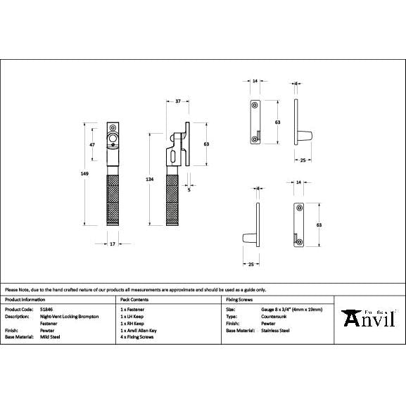 Pewter Night-Vent Locking Brompton Fastener - Night-Vent Fasteners - From The Anvil - Yester Home