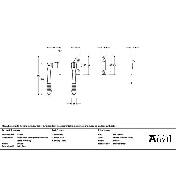 Pewter Night-Vent Locking Reeded Fastener (Steel Window) - Night-Vent Fasteners - From The Anvil - Yester Home