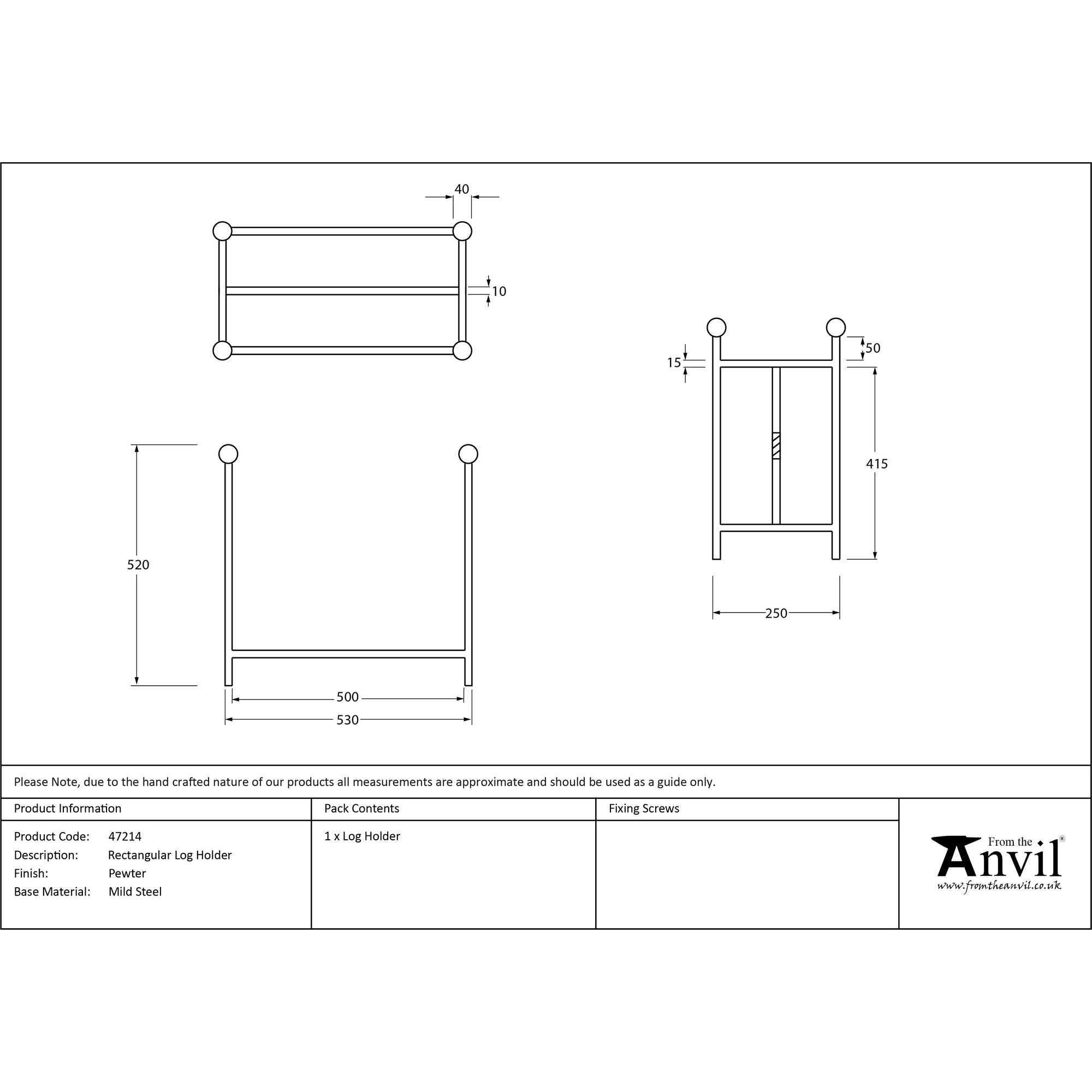 Pewter Rectangular Log Holder | From The Anvil-Log Holders-Yester Home