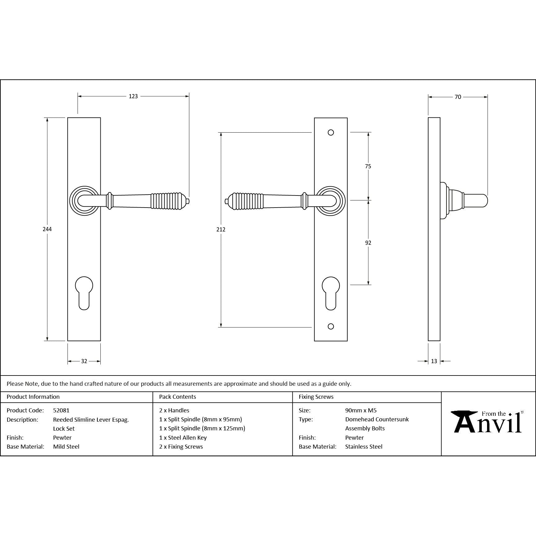 Pewter Reeded Slimline Lever Espag. Lock Set - Espagnolette - From The Anvil - Yester Home
