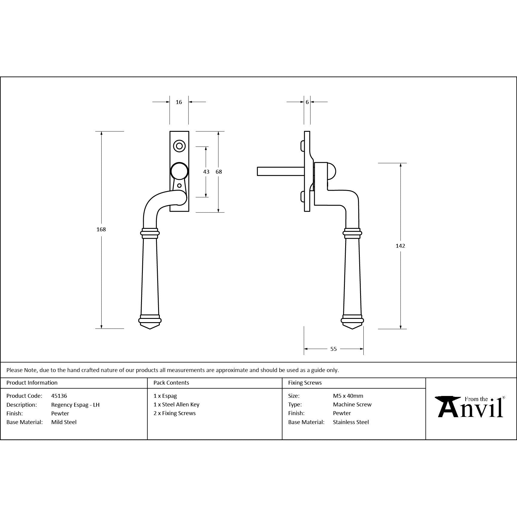 Pewter Regency Espag - LH | From The Anvil - Espag. Fasteners - From The Anvil - Yester Home