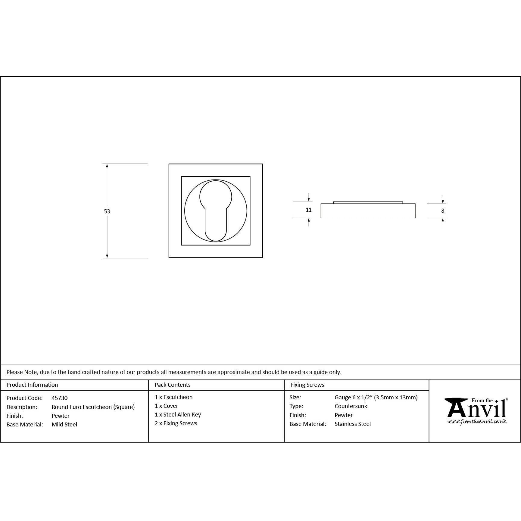 Pewter Round Euro Escutcheon (Square) | From The Anvil - Euro Escutcheons - From The Anvil - Yester Home