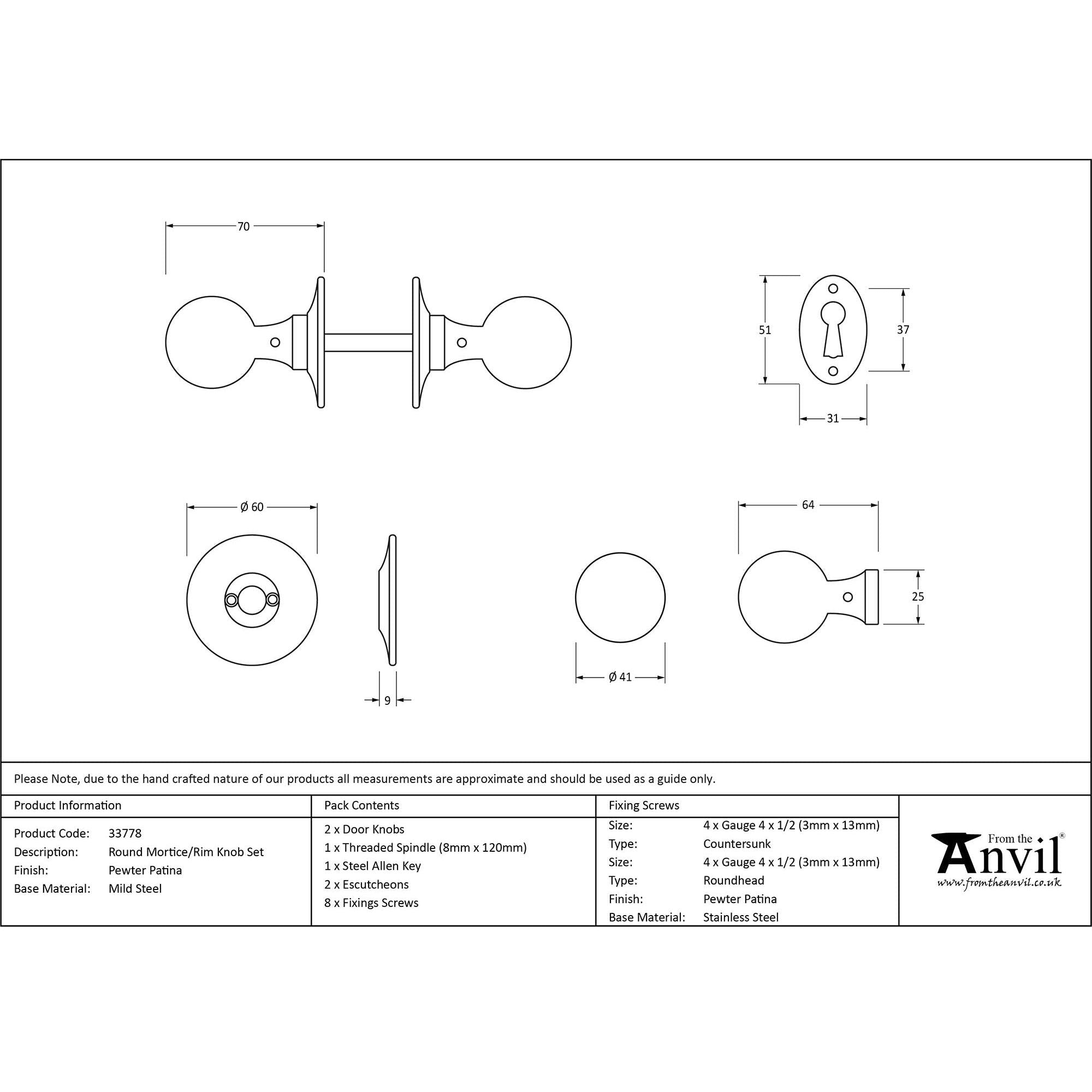 Pewter Round Mortice/Rim Knob Set | From The Anvil - Mortice Knobs - From The Anvil - Yester Home