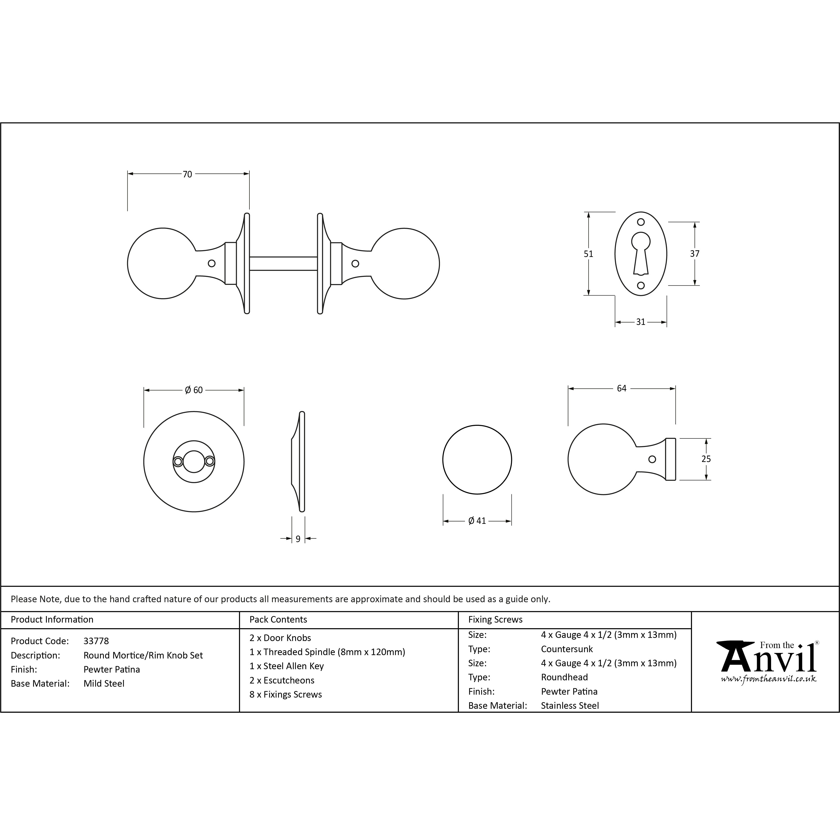 Pewter Round Mortice/Rim Knob Set | From The Anvil-Mortice Knobs-Yester Home