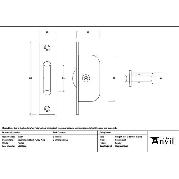 Pewter Square Ended Sash Pulley 75kg - Sash Pulleys - From The Anvil - Yester Home