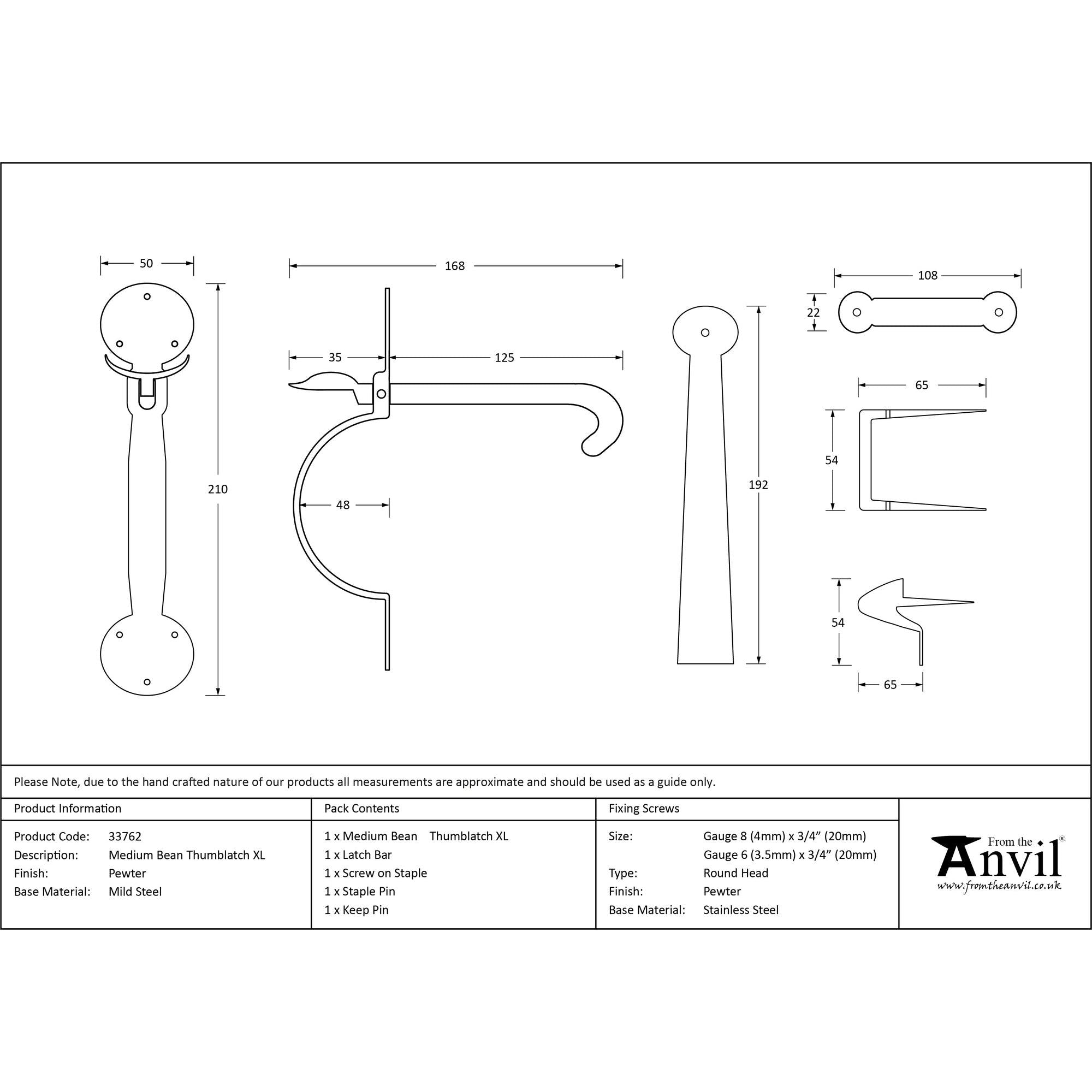 Pewter XL Medium Bean Thumblatch | From The Anvil - Thumblatches - From The Anvil - Yester Home