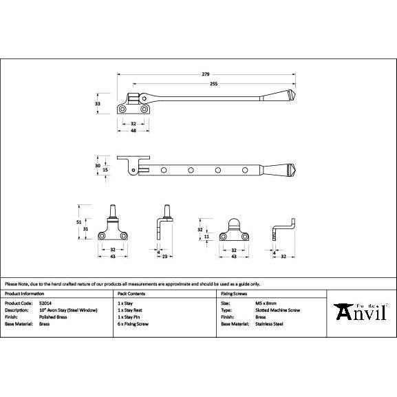 Polished Brass 10" Avon Stay (Steel Window) - Stays - From The Anvil - Yester Home